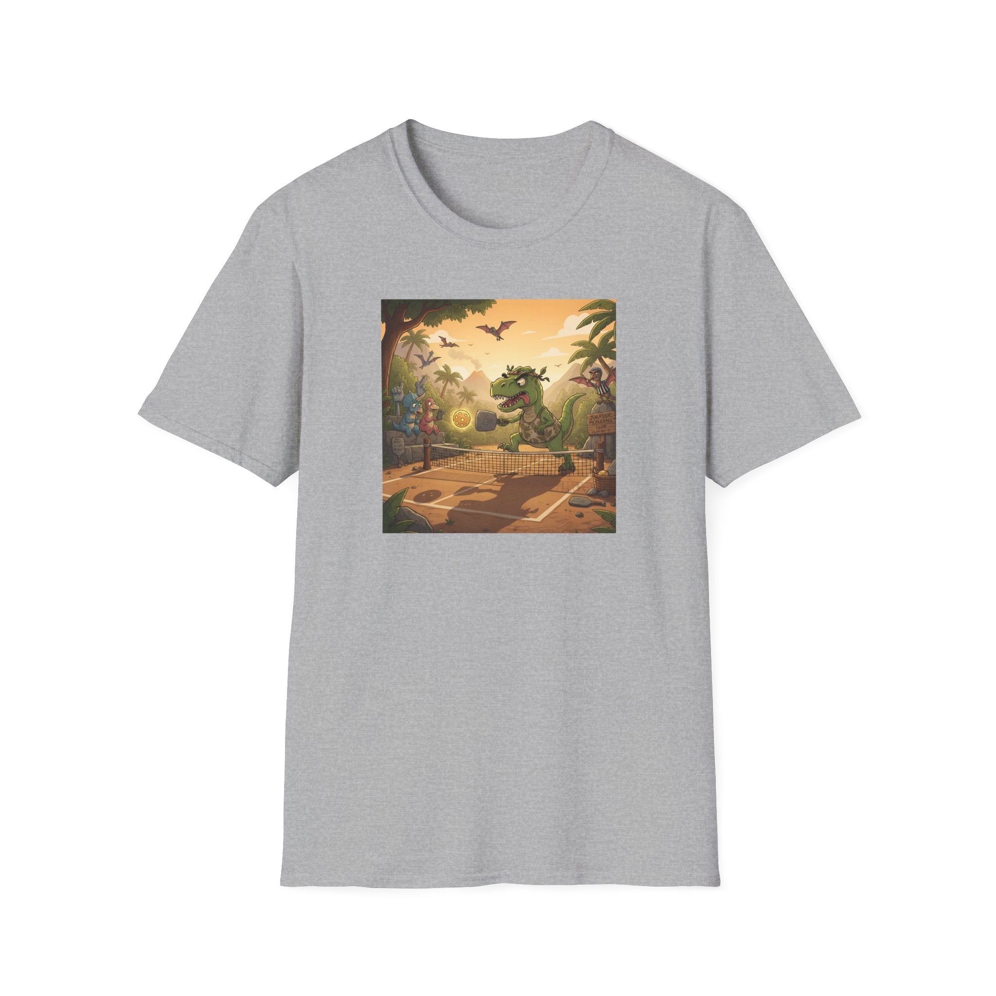 Jurassic Pickleball Club | Retro Tropical Dino Illustration T-Shirt