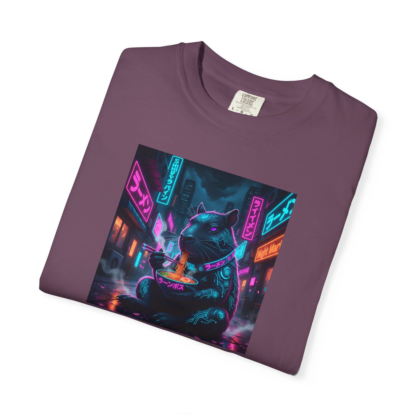 Neon Cyberpunk Capybara Cityscape T-Shirt | Futuristic Night Street Art