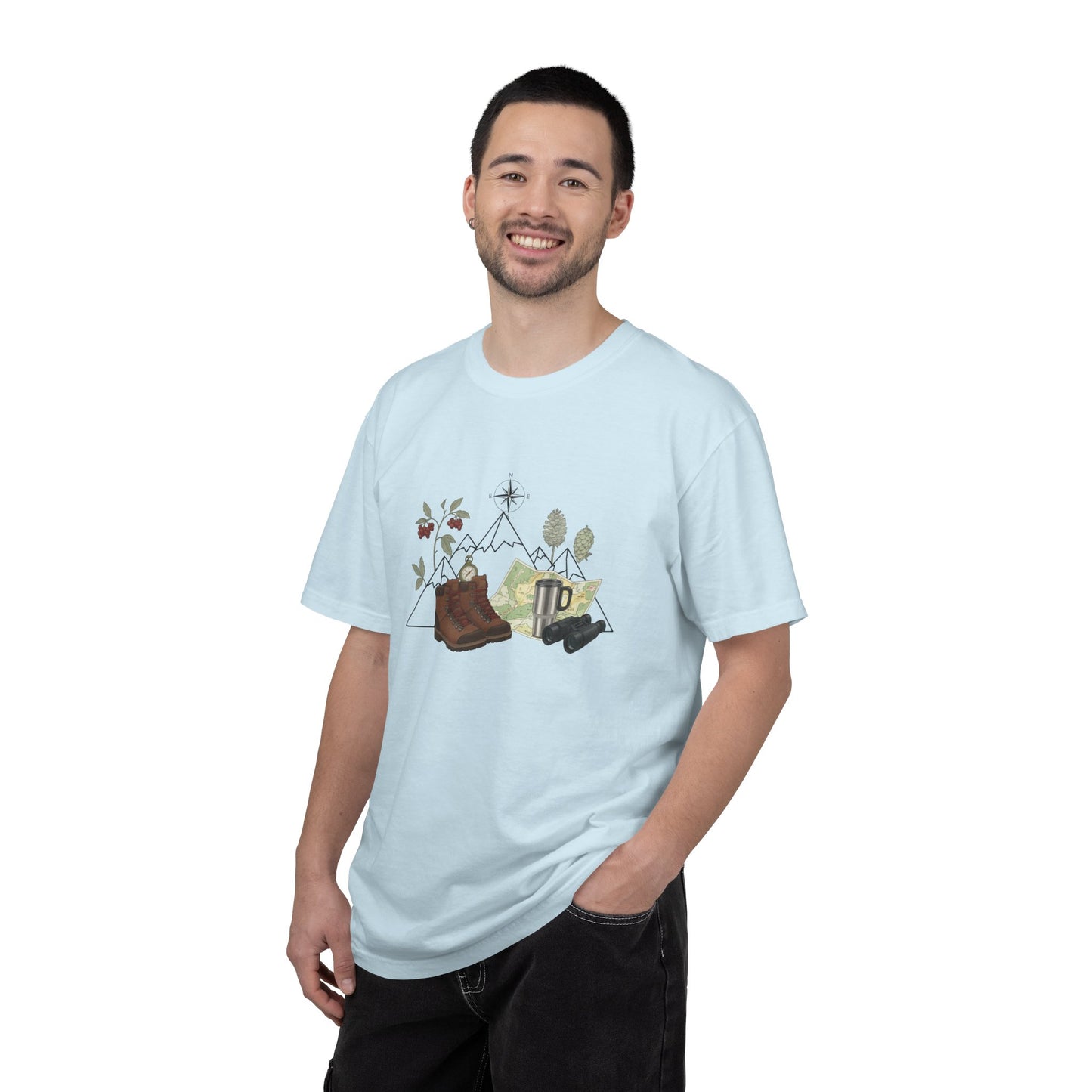 Camping Mountain Outdoors Graphic T-shirt | Hiking Boots Trees Flowers