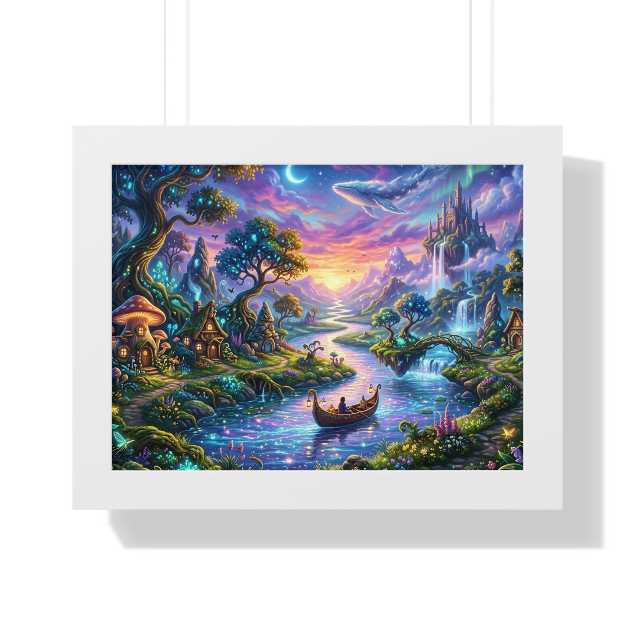 Celestial River Journey Digital Art Print - Whimsical Fantasy Landscape with Floating Castle, Glowing Forest