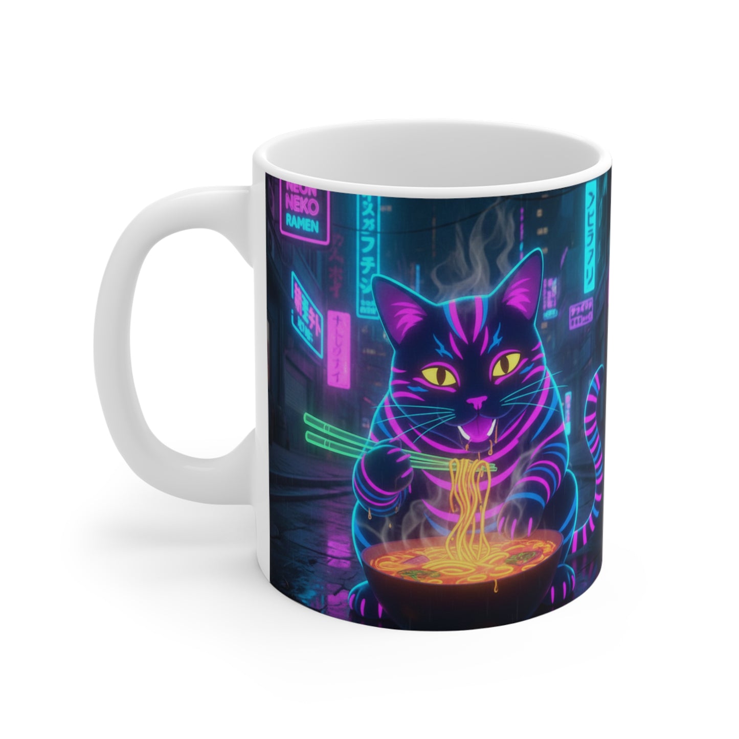 Neon Ramen Cyberpunk Cat Mug | 11oz Ceramic Coffee Cup
