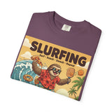Slurfing Surfing Sloth T-Shirt | Retro Beach Wave Illustration