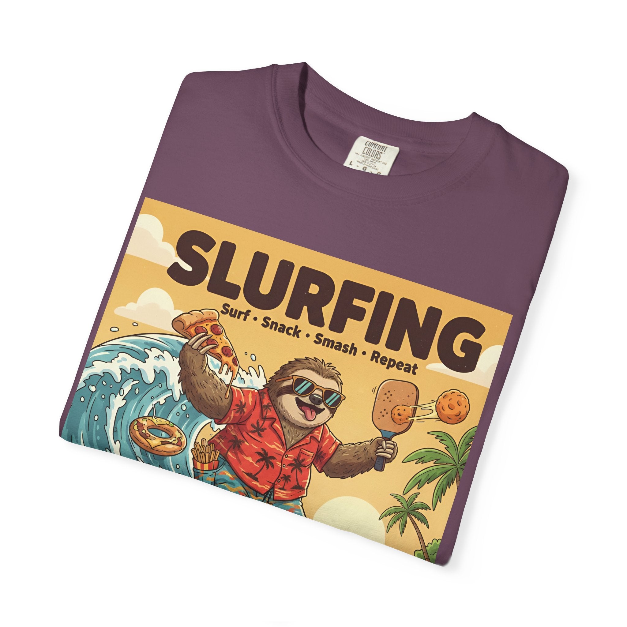Slurfing Surfing Sloth T-Shirt | Retro Beach Wave Illustration
