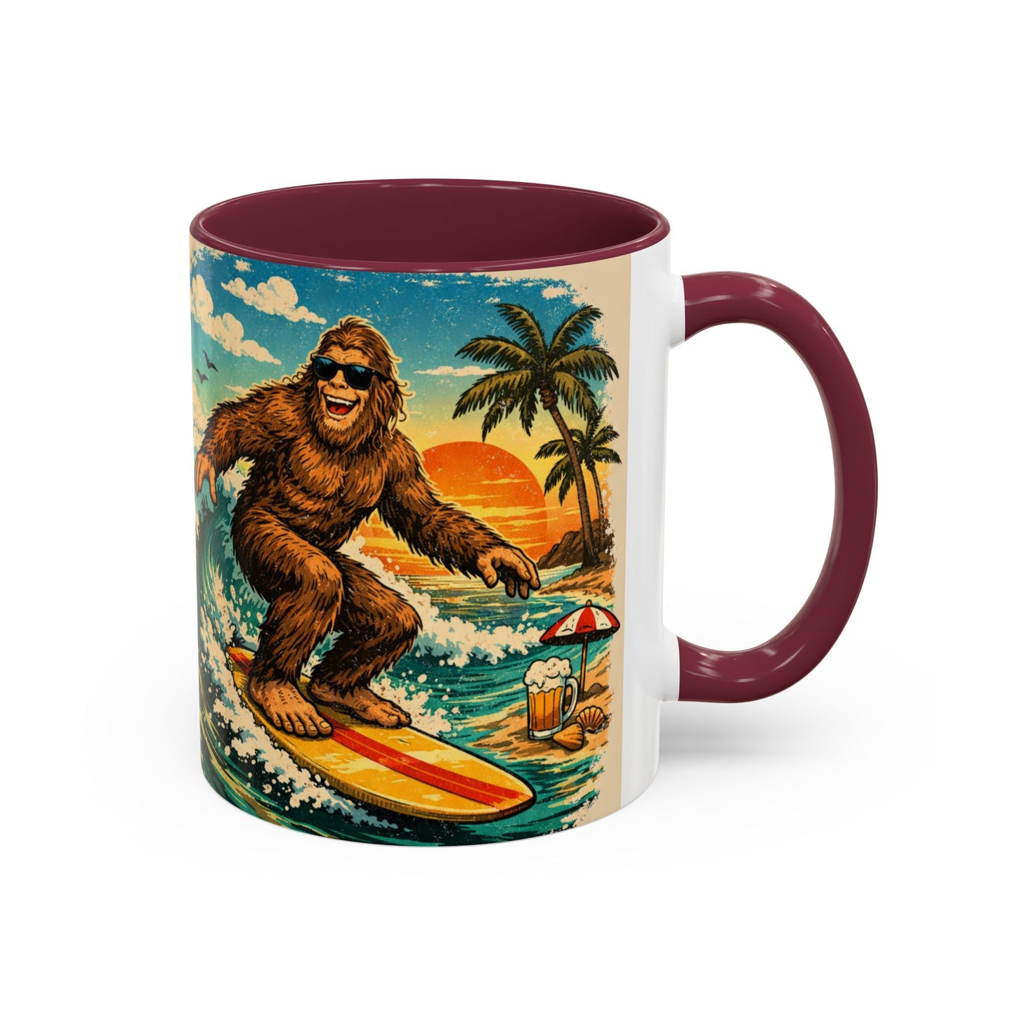 Surfing Bigfoot Mug | Retro Beach Sunset Bigfoot Wave Coffee Cup