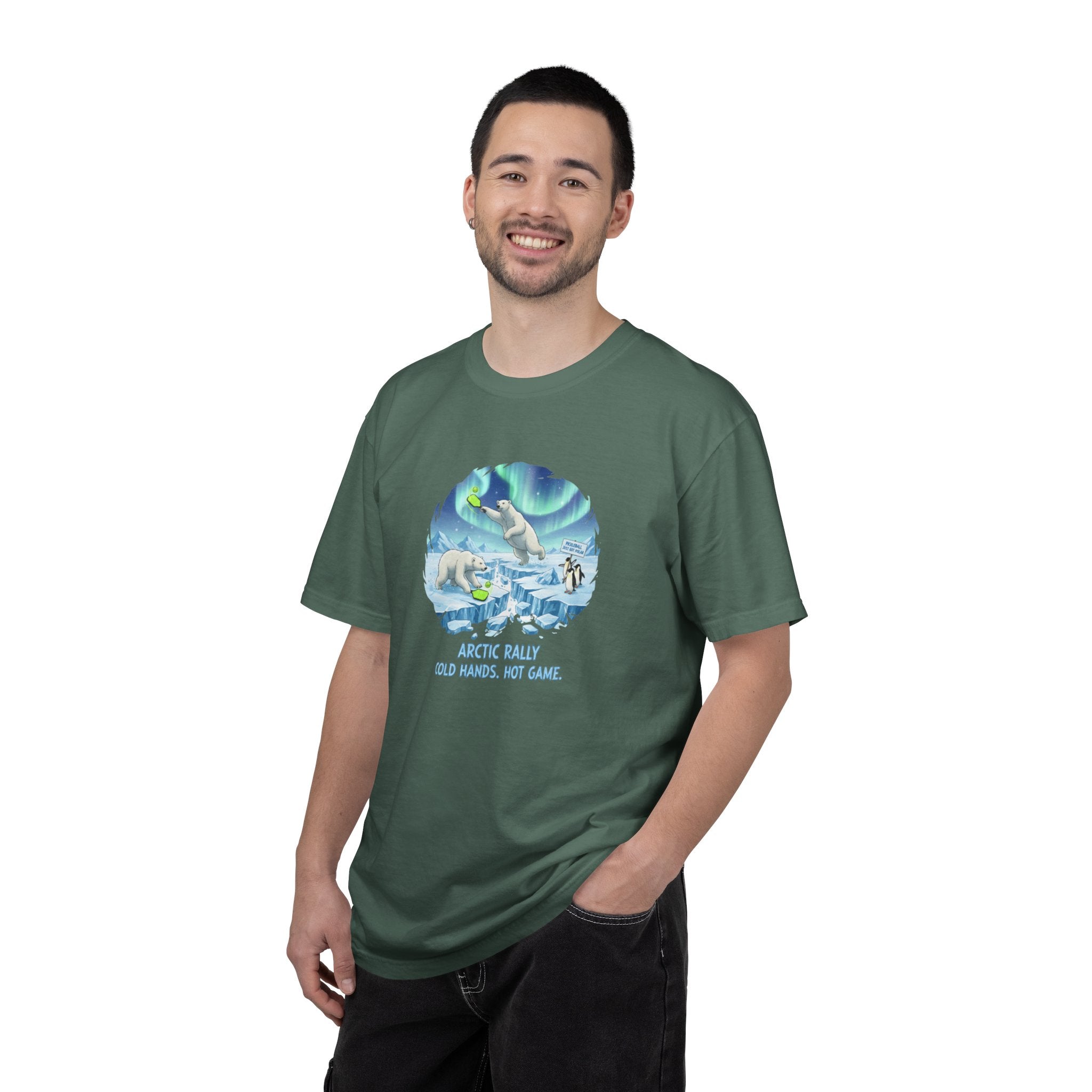 Arctic Rally Polar Bears Playing Pickleball T-Shirt | Northern Lights Illustration