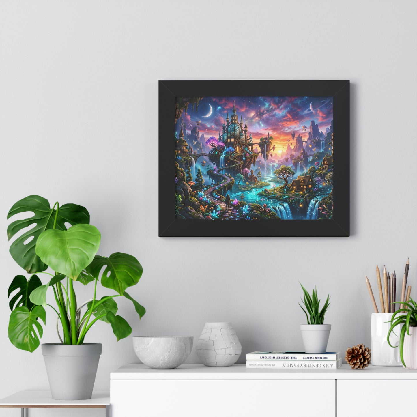 Ethereal Celestial Castle Fantasy Art Print | Dreamy Whimsical Landscape Poster | Vibrant Magical Realm Wall Decor