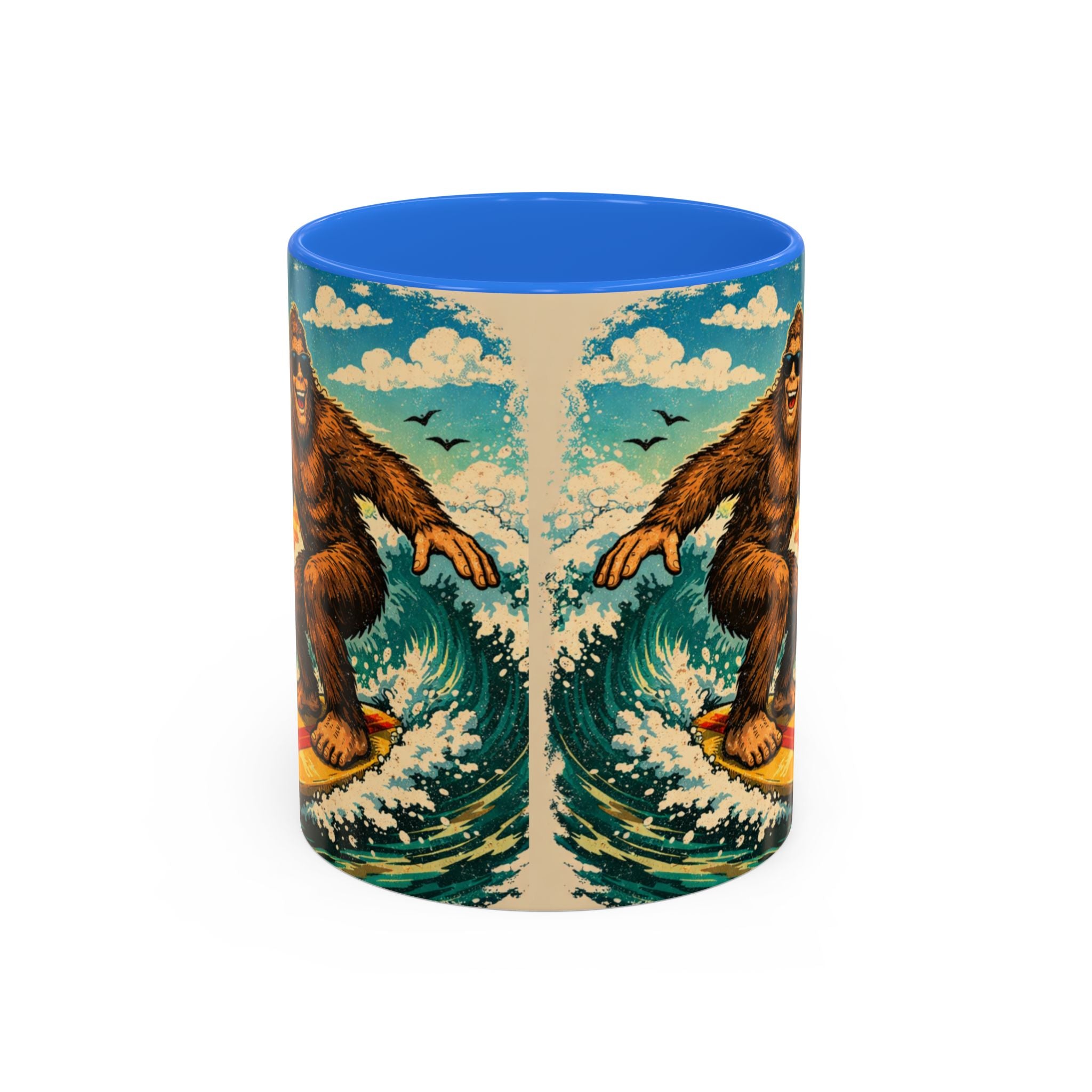 Surfing Bigfoot Mug | Retro Beach Sunset Bigfoot Wave Coffee Cup
