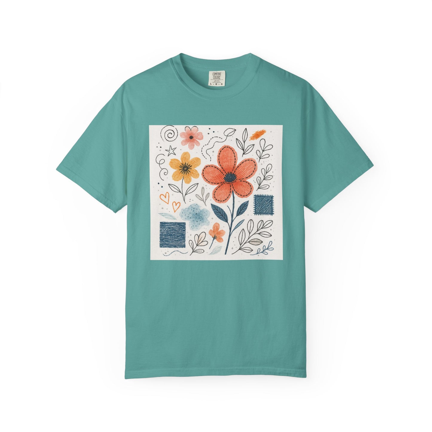Hand-drawn Watercolor Floral Doodles T-shirt | Linocut & Embroidery Texture
