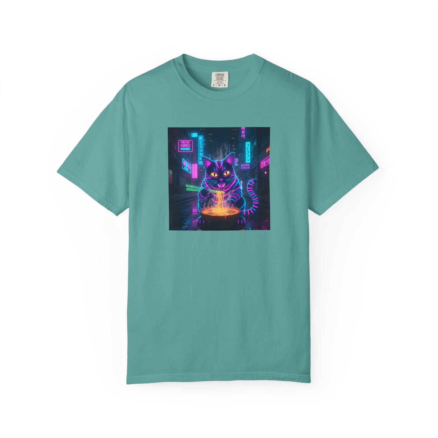 Neon Cyberpunk Cat Mystic Bowl T-shirt | Retro Futuristic Alley Art