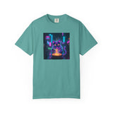 Neon Cyberpunk Cat Mystic Bowl T-shirt | Retro Futuristic Alley Art