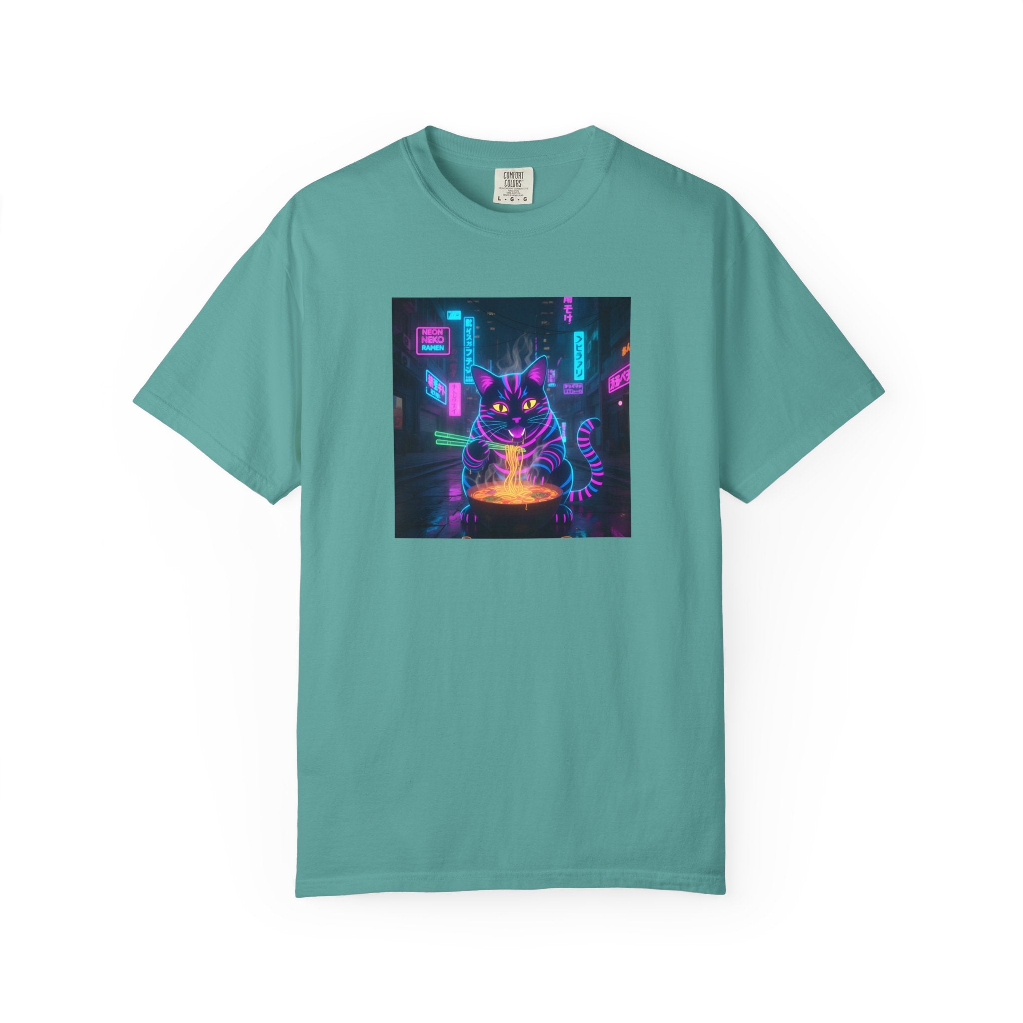 Neon Cyberpunk Cat Mystic Bowl T-shirt | Retro Futuristic Alley Art