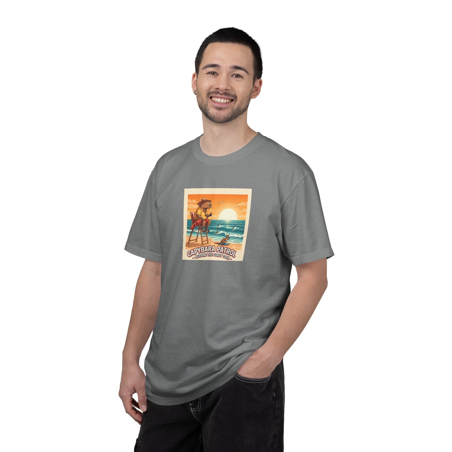 Capybara Patrol Sunset Surfing Capybara T-Shirt | Retro Beach Vibes
