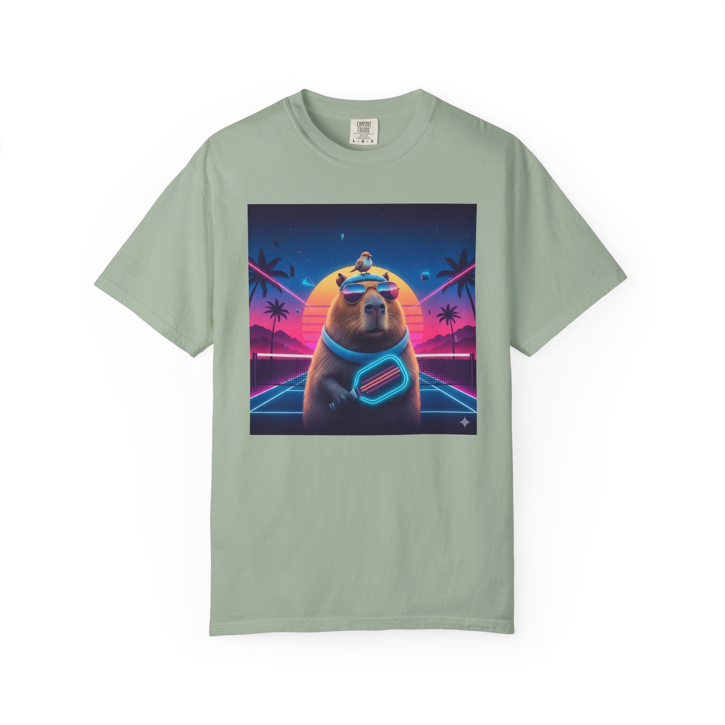 Retro Vaporwave Capybara with Sunglasses T-shirt | Neon Sunset Palm Trees