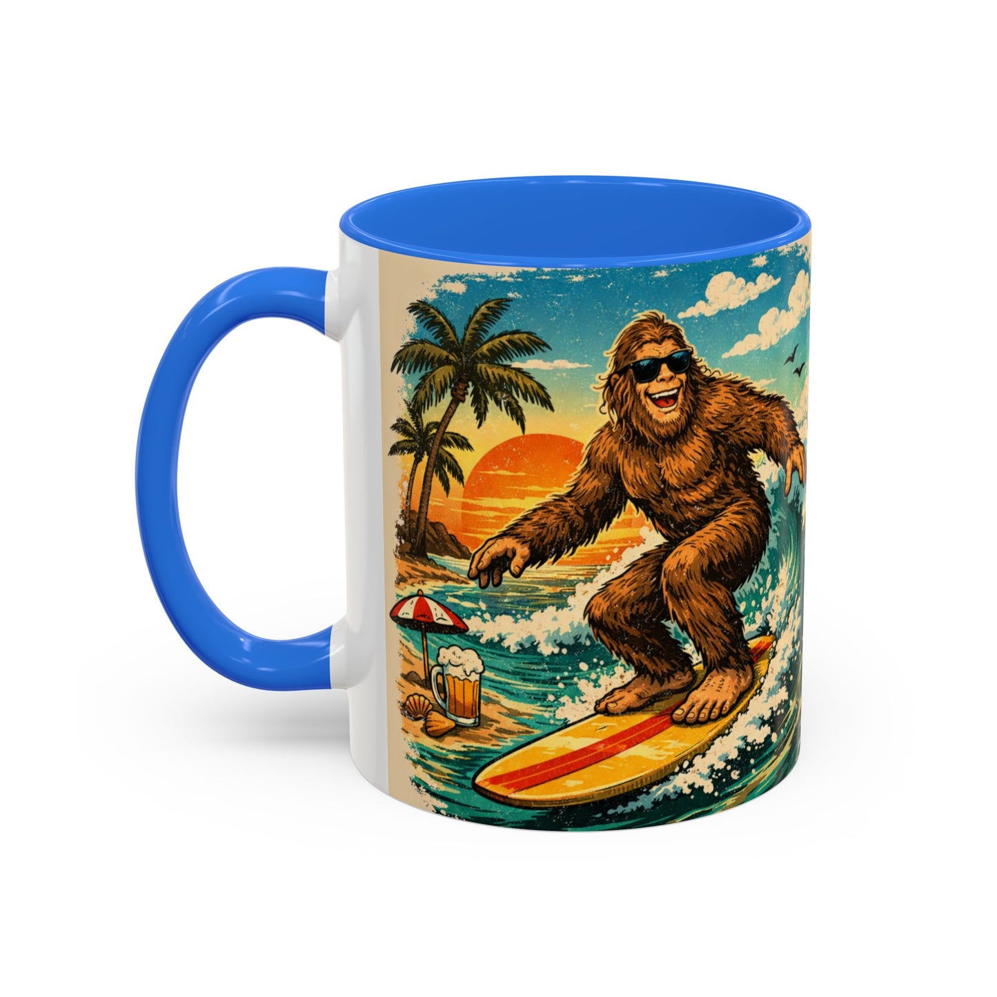 Surfing Bigfoot Mug | Retro Beach Sunset Bigfoot Wave Coffee Cup
