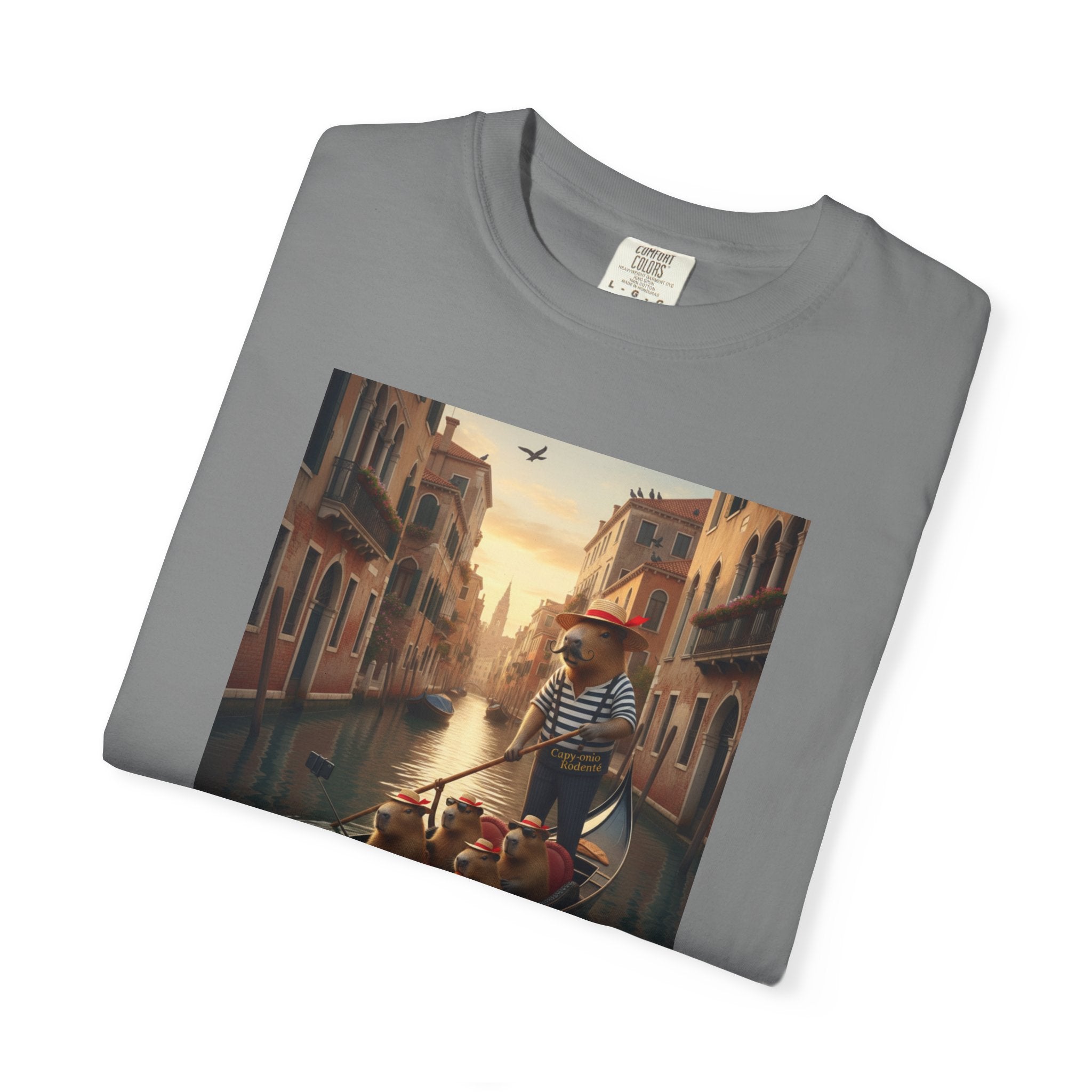 Capybara Venice Gondola Sunset T-shirt | Scenic Canal Travel Art