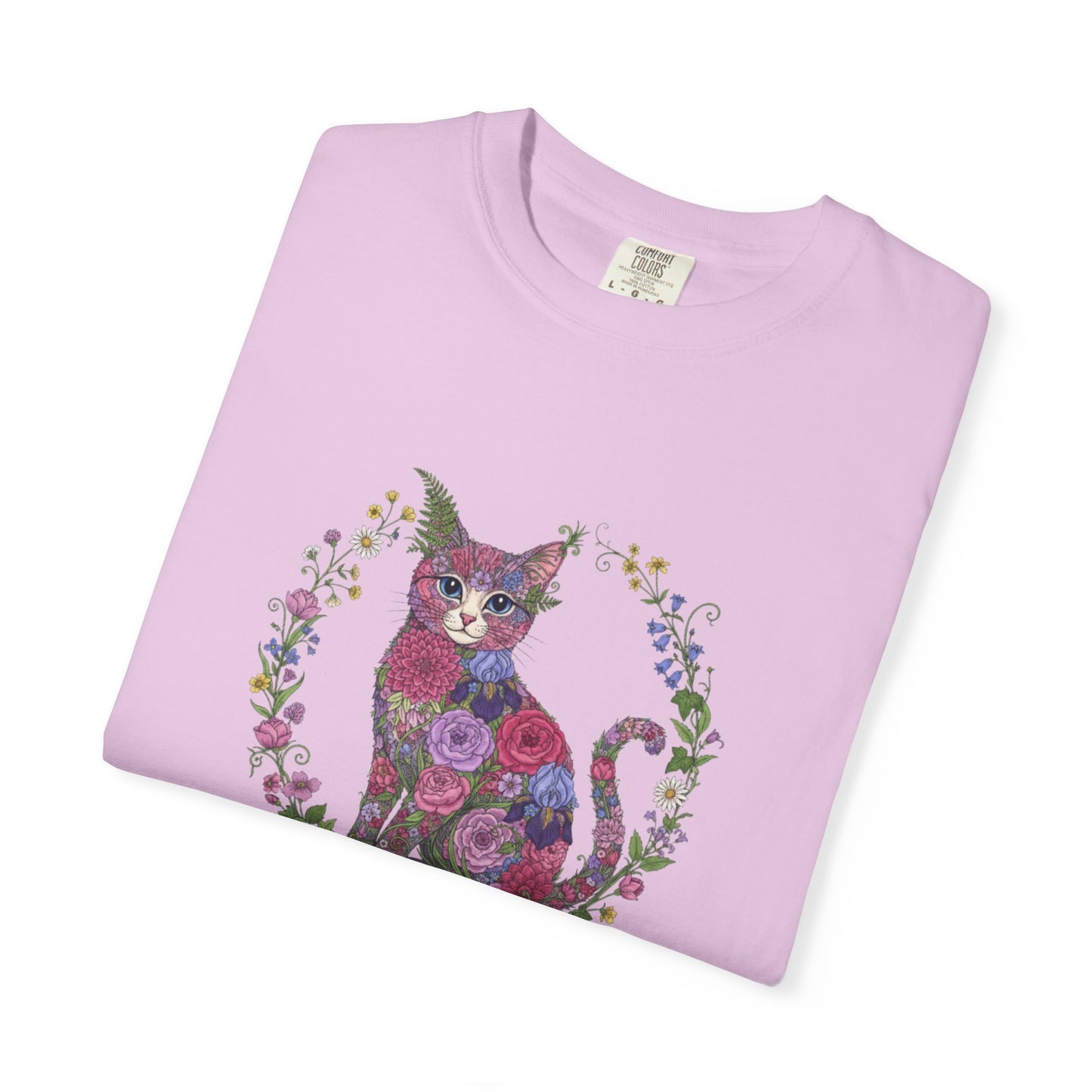 Floral Cat Illustration T-shirt | Botanical Kitty Circle Print
