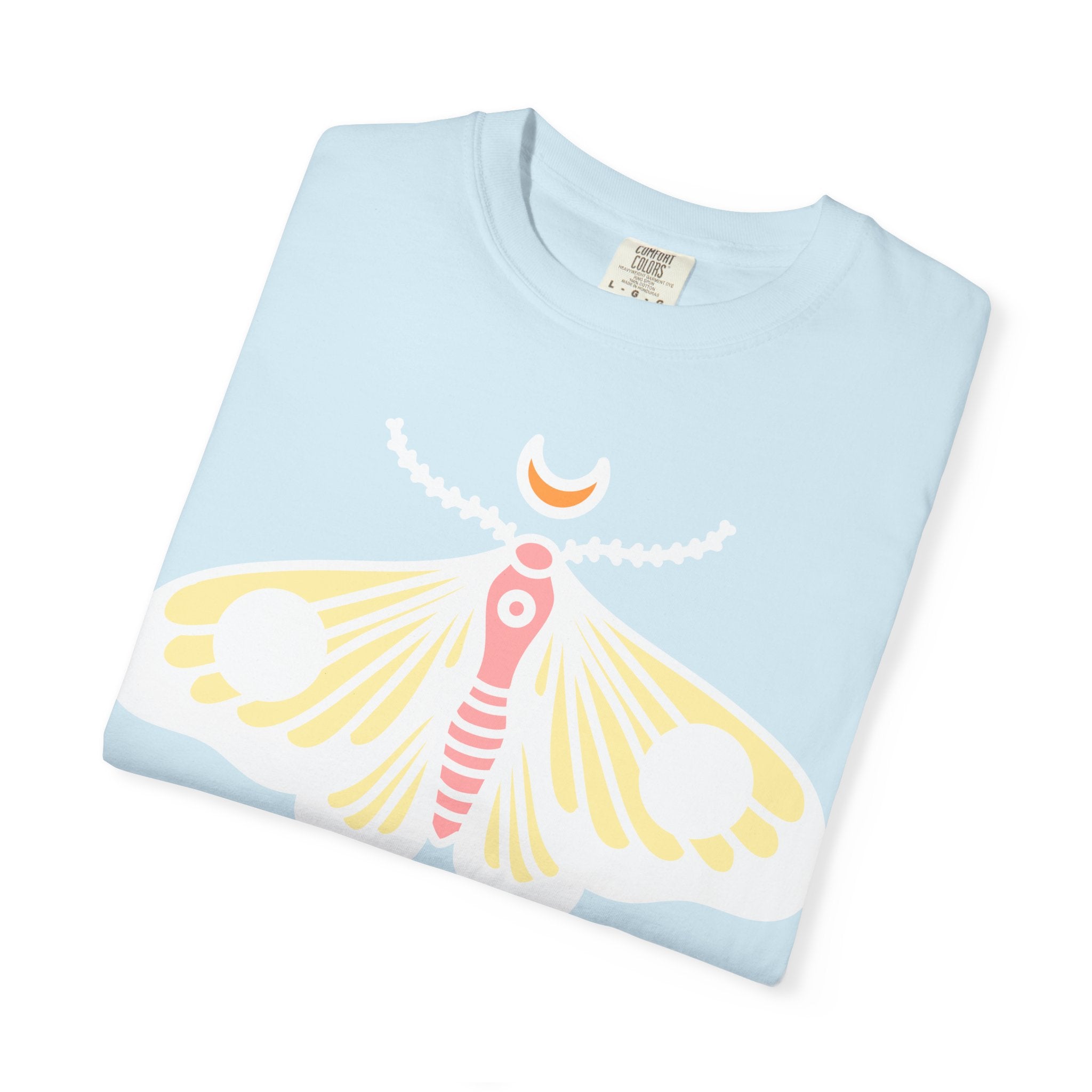 Celestial Moth T-shirt | Pink Yellow Moth with Crescent Moon