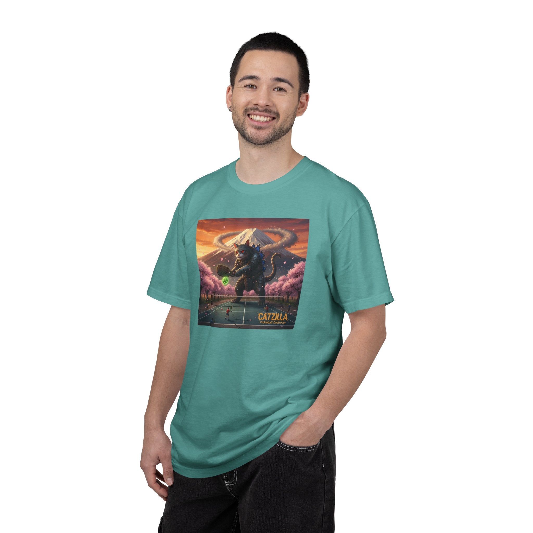 Catzilla Pickleball Destroyer T-shirt | Kaiju Cat Samurai, Mount Fuji Cherry Blossoms