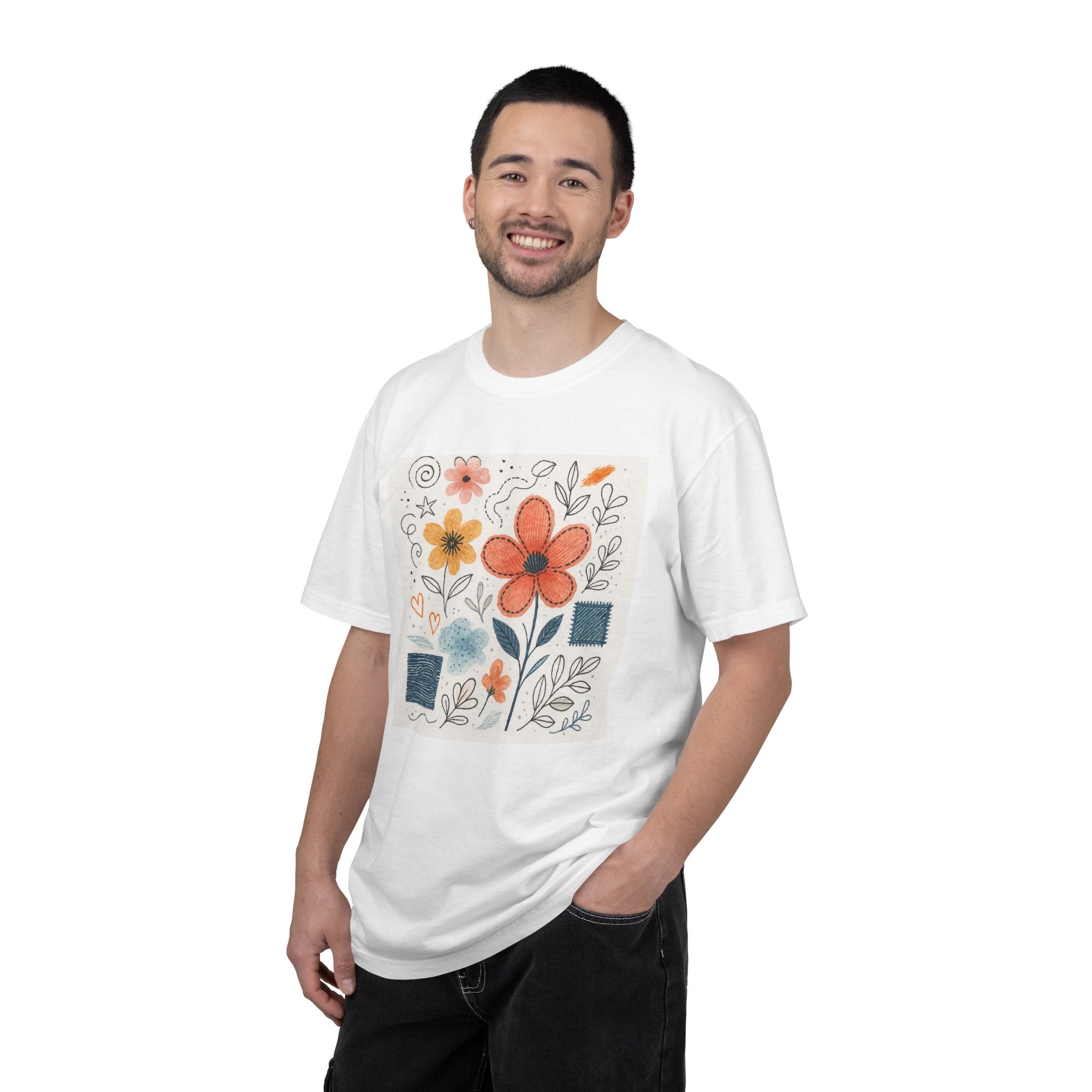 Hand-drawn Watercolor Floral Doodles T-shirt | Linocut & Embroidery Texture