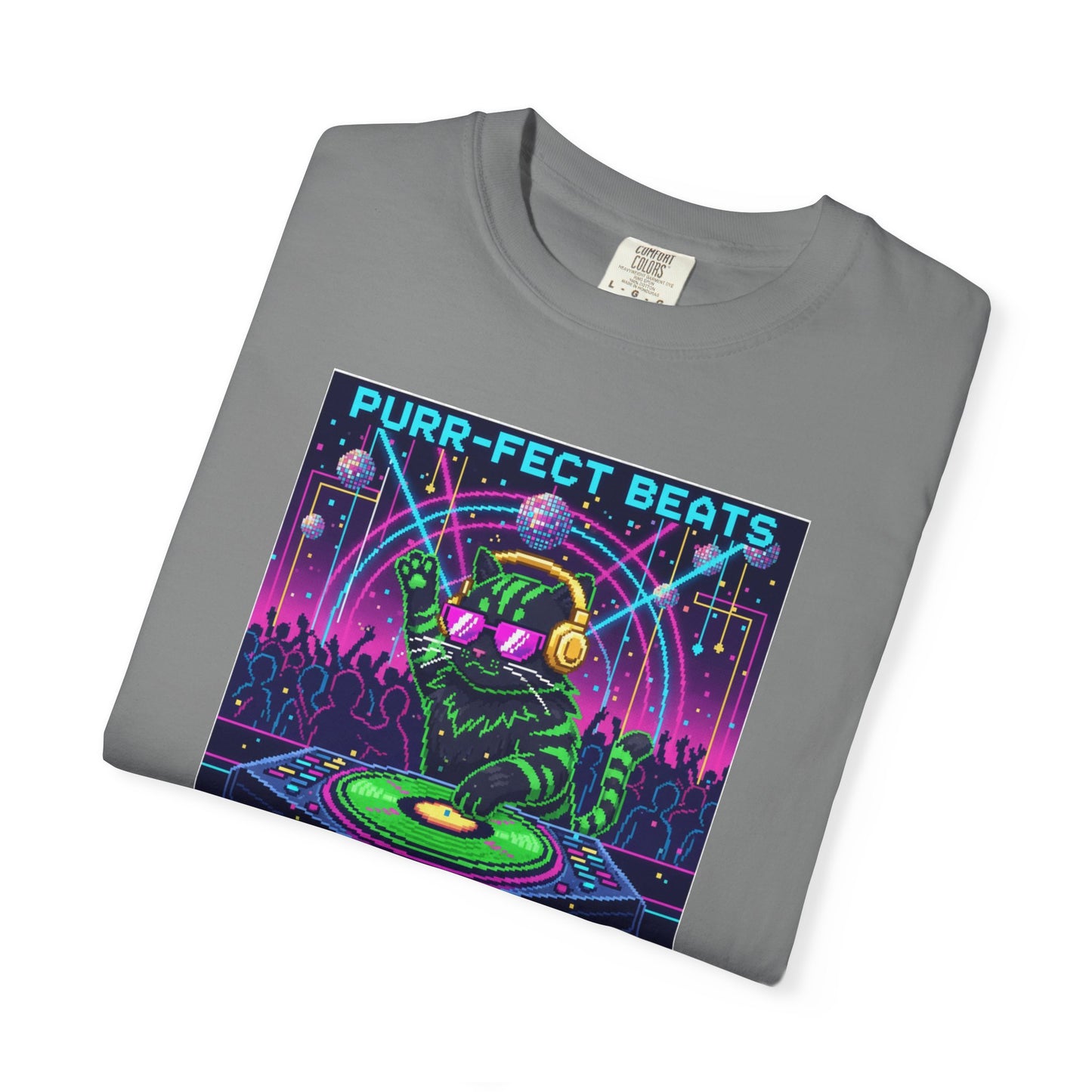 Purr-fect Beats Rave Feline DJ cat T-shirt | Neon EDM club design
