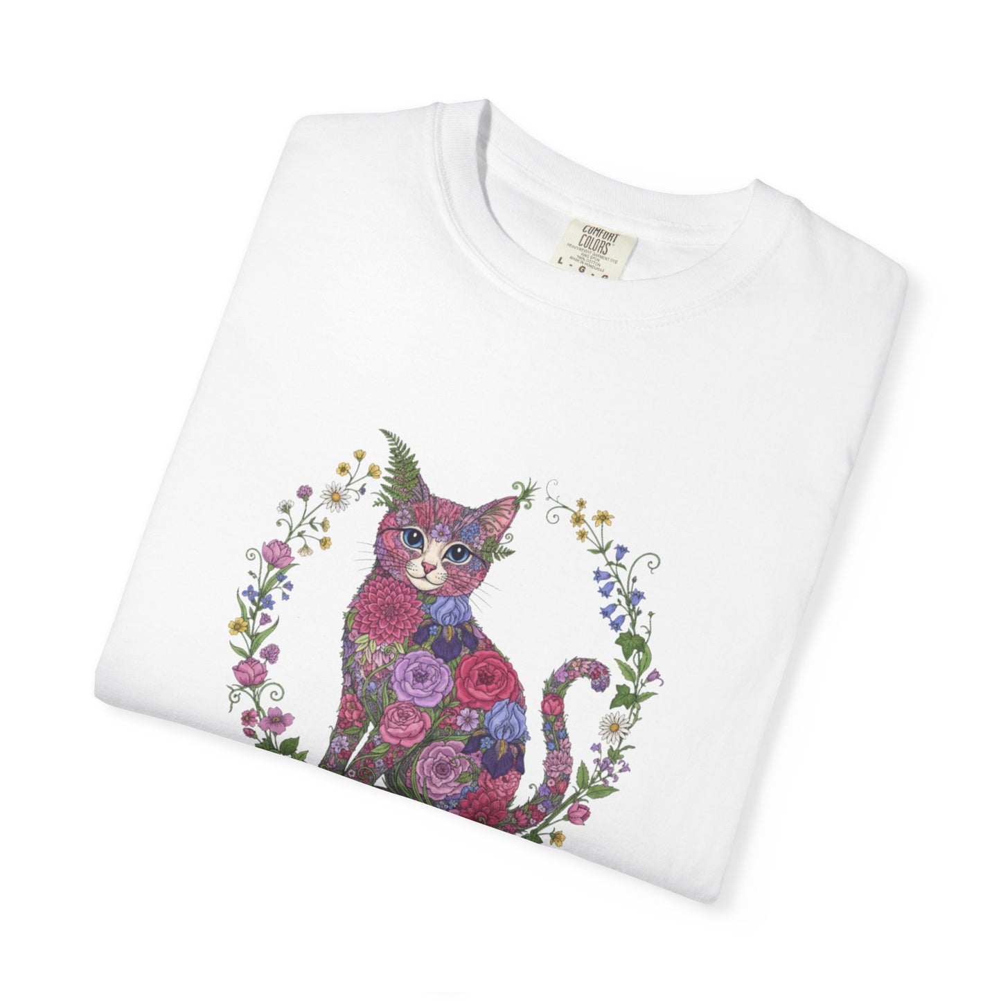 Floral Cat Illustration T-shirt | Botanical Kitty Circle Print