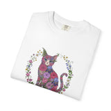Floral Cat Illustration T-shirt | Botanical Kitty Circle Print