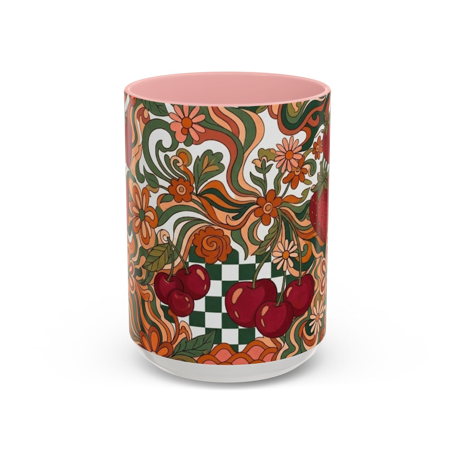 Vintage Cherry Strawberry Pattern Accent Mug | 11oz 15oz
