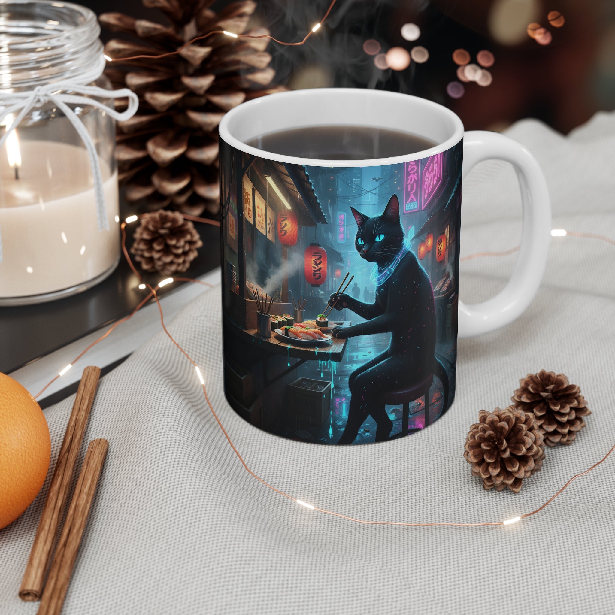 Black Cat Sushi Mug | Neon Cyberpunk Alley, 11oz Ceramic