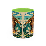 Surfing Bigfoot Mug | Retro Beach Sunset Bigfoot Wave Coffee Cup