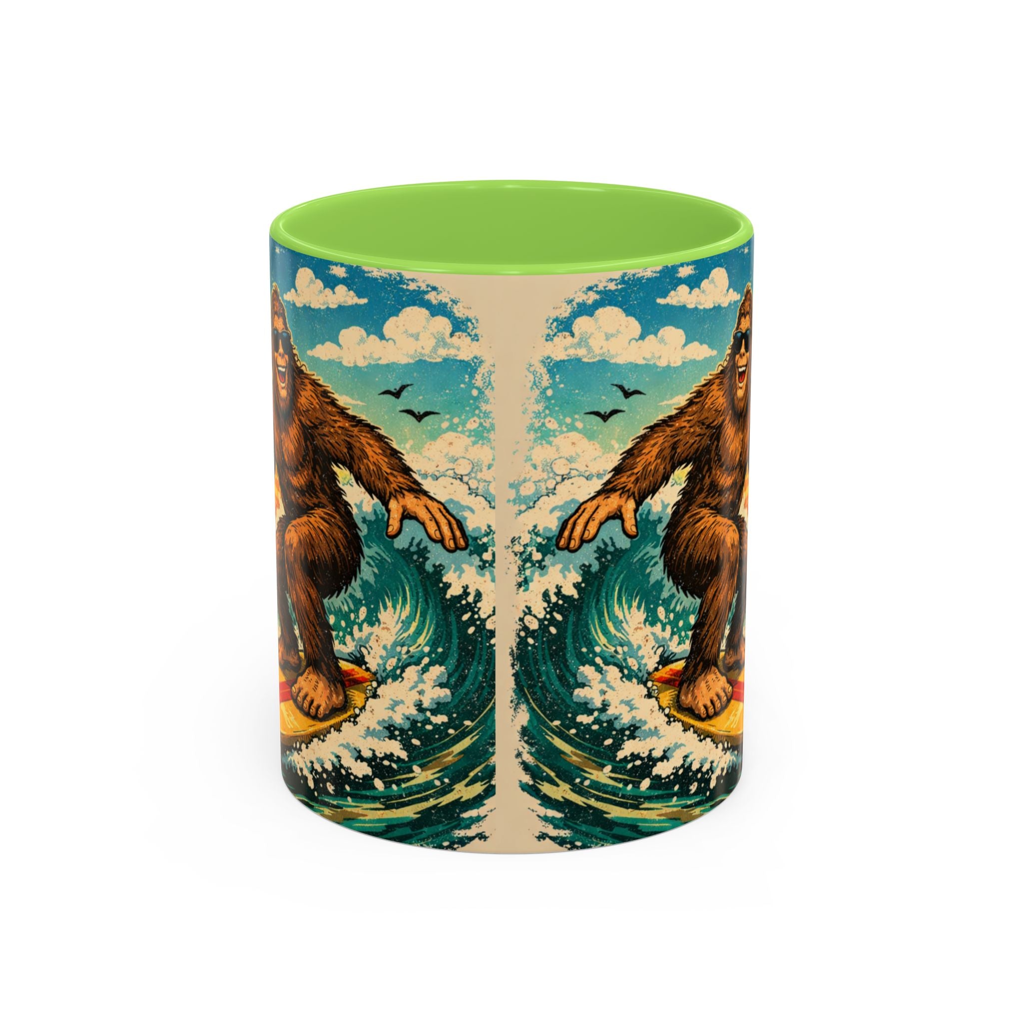 Surfing Bigfoot Mug | Retro Beach Sunset Bigfoot Wave Coffee Cup