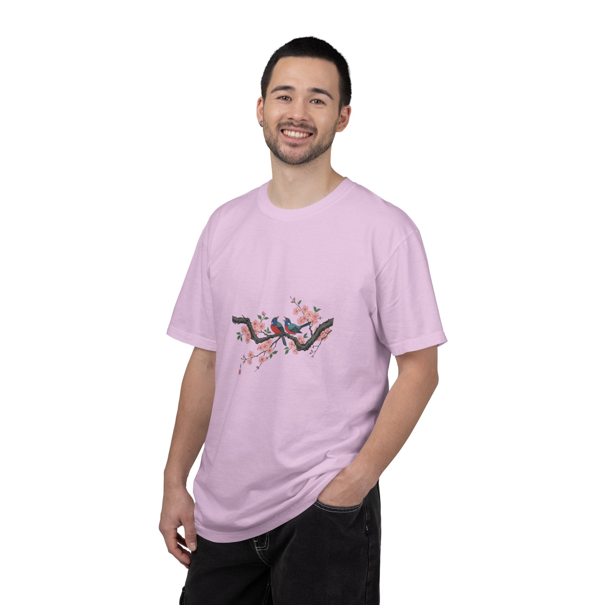Birds on Cherry Blossom Branch T-Shirt | Japanese Floral Illustration