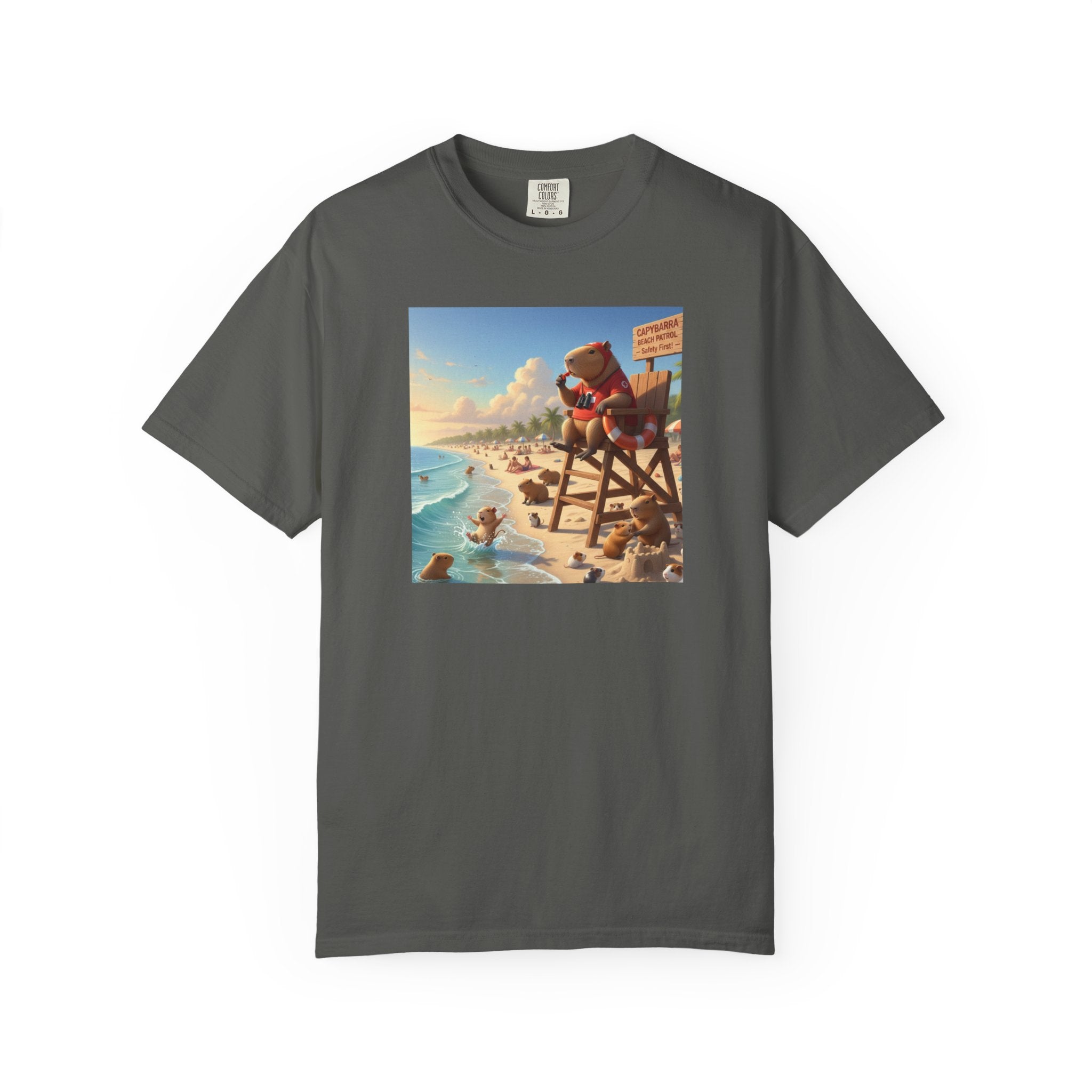 Lifeguard Capybara on Beach T-shirt | Surf Rescue Sunset Scene