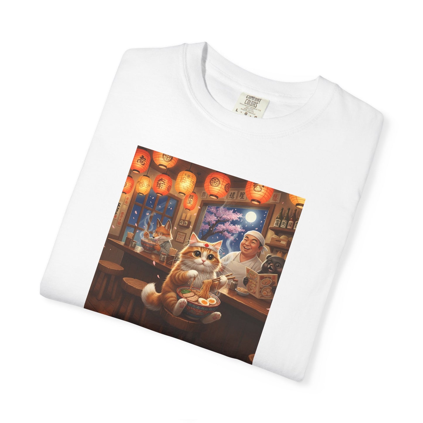 Whiskers and the Wondrous Noodles Cat Bar Ramen Scene T-shirt | Cozy Pub Cat Illustration