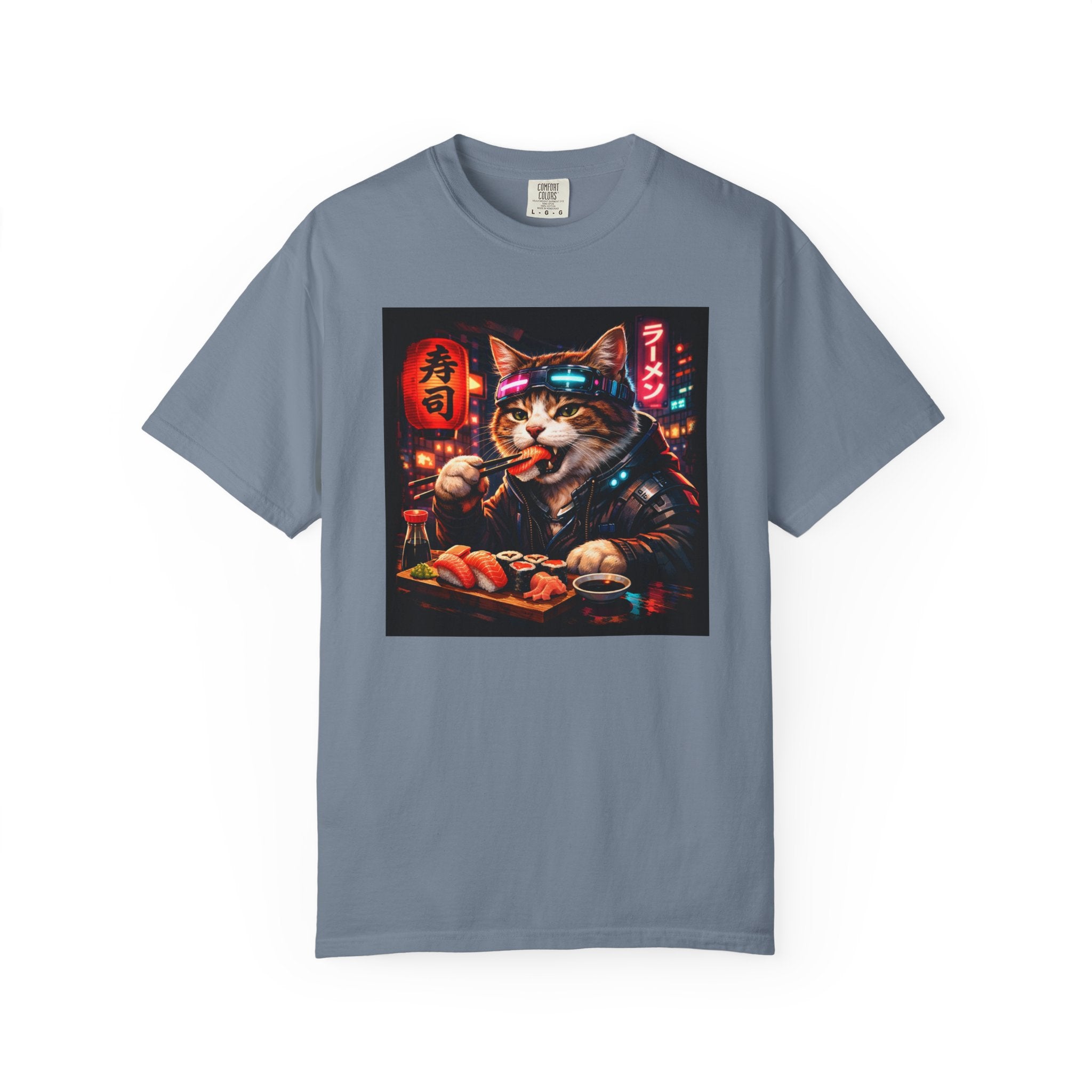 Sushi-Eating Cat T-Shirt | Neon Japanese Street Food Art