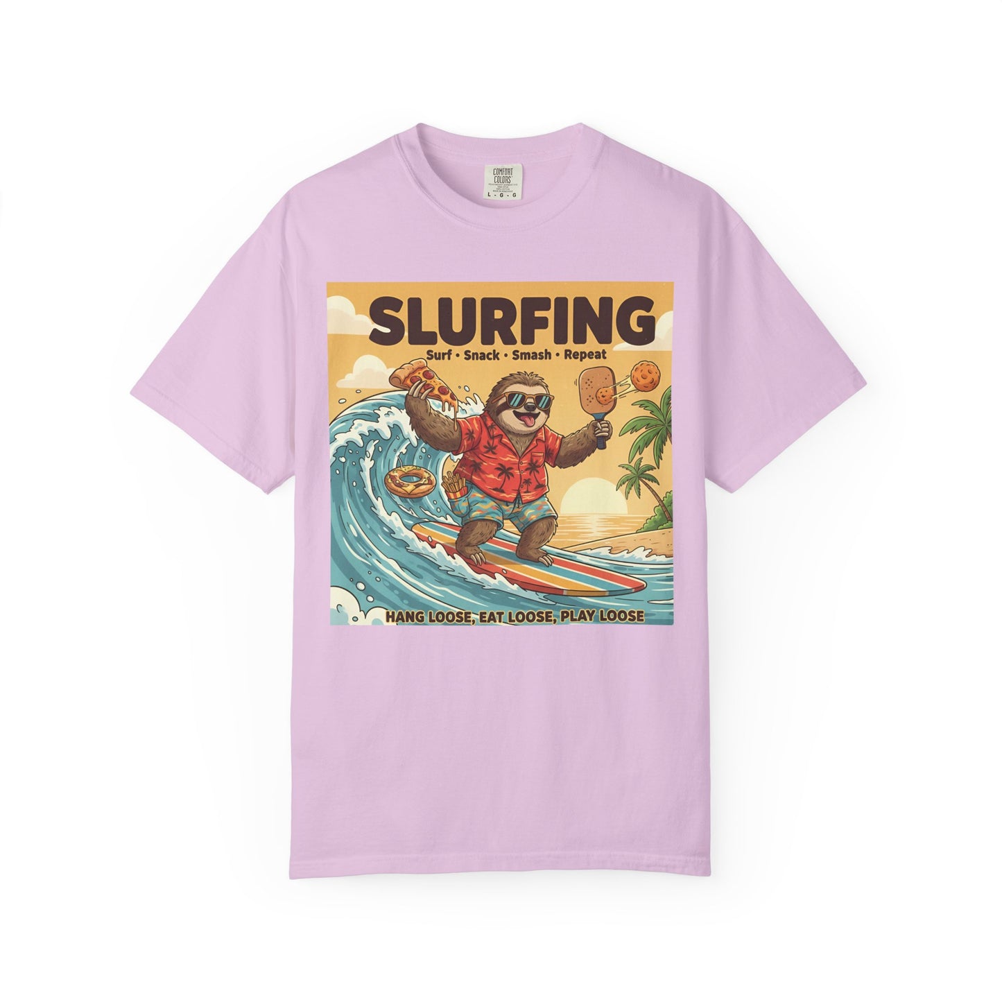 Slurfing Surfing Sloth T-Shirt | Retro Beach Wave Illustration