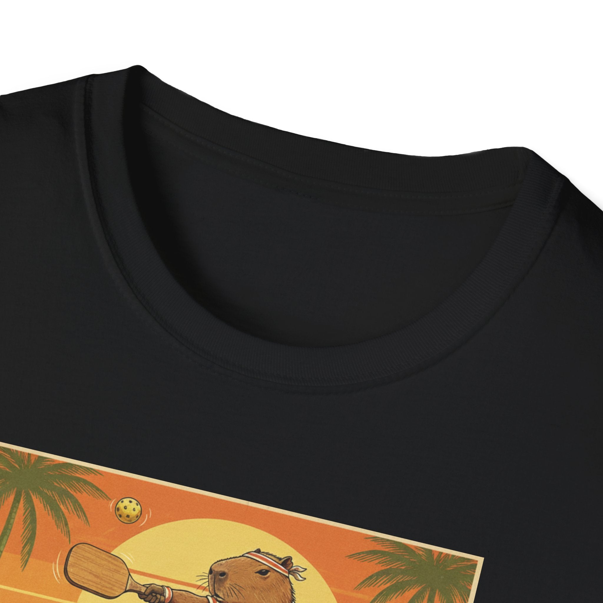 Capybara Ace Pickleball Player T-Shirt | Retro Tropical Court Design