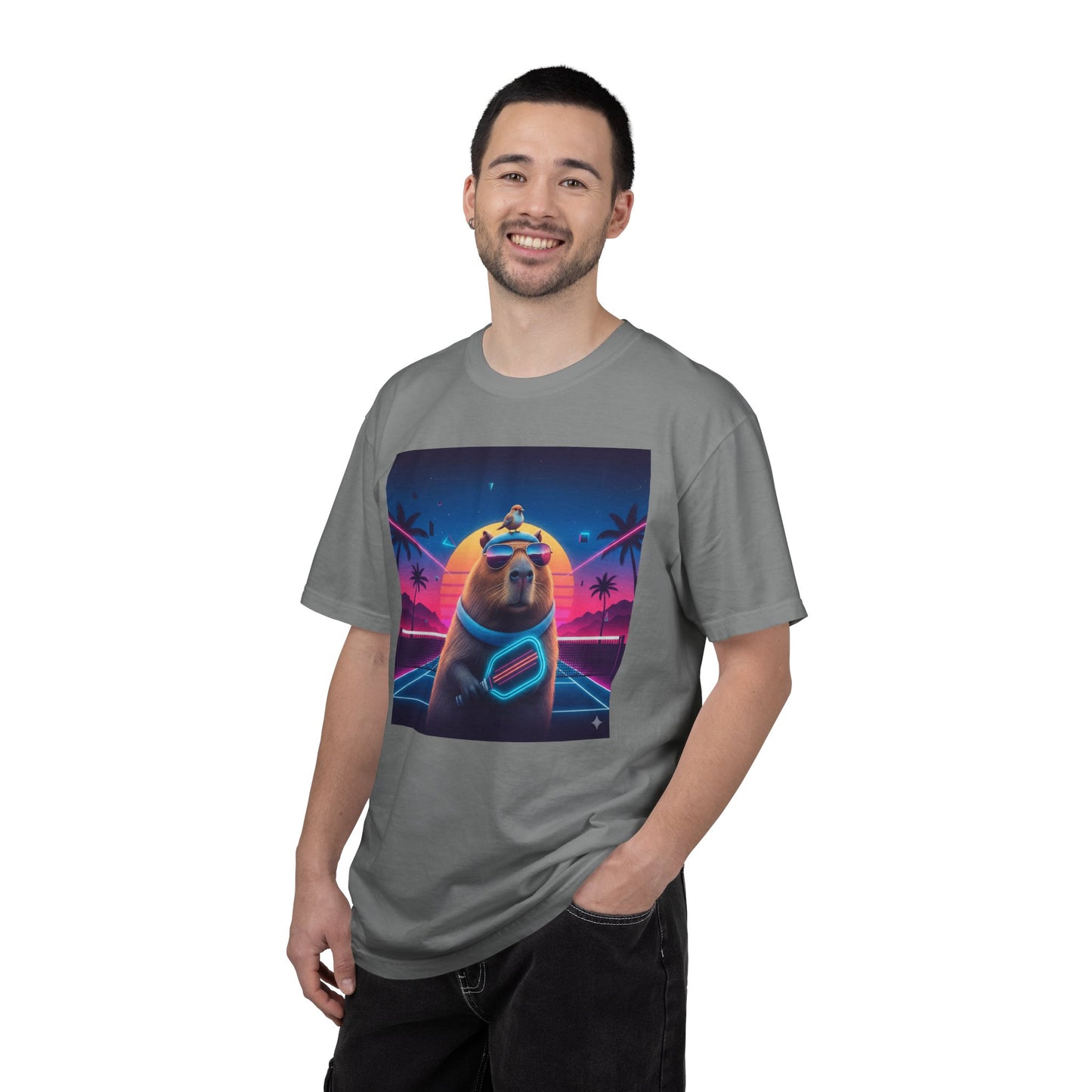 Retro Vaporwave Capybara with Sunglasses T-shirt | Neon Sunset Palm Trees