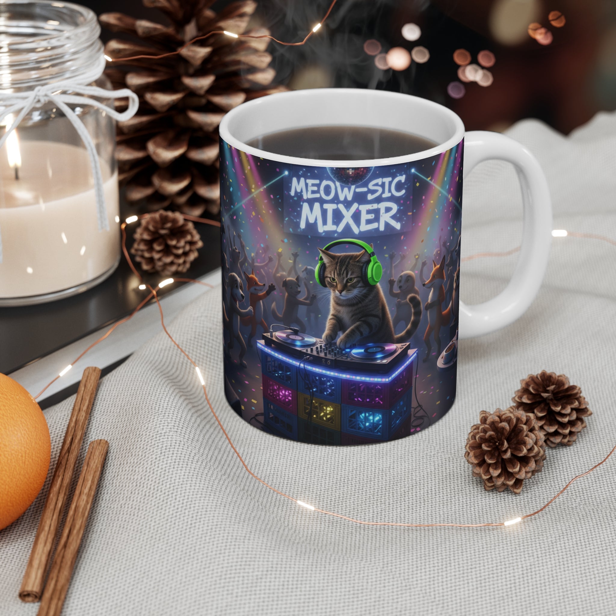 Meow-sic Mixer Cat DJ Mug | Neon Dance Party Coffee Cup