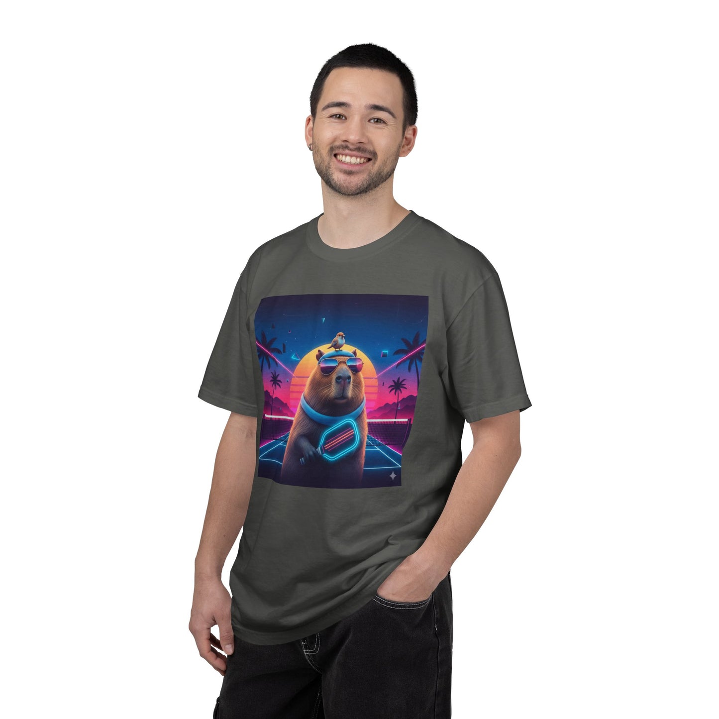 Retro Vaporwave Capybara with Sunglasses T-shirt | Neon Sunset Palm Trees