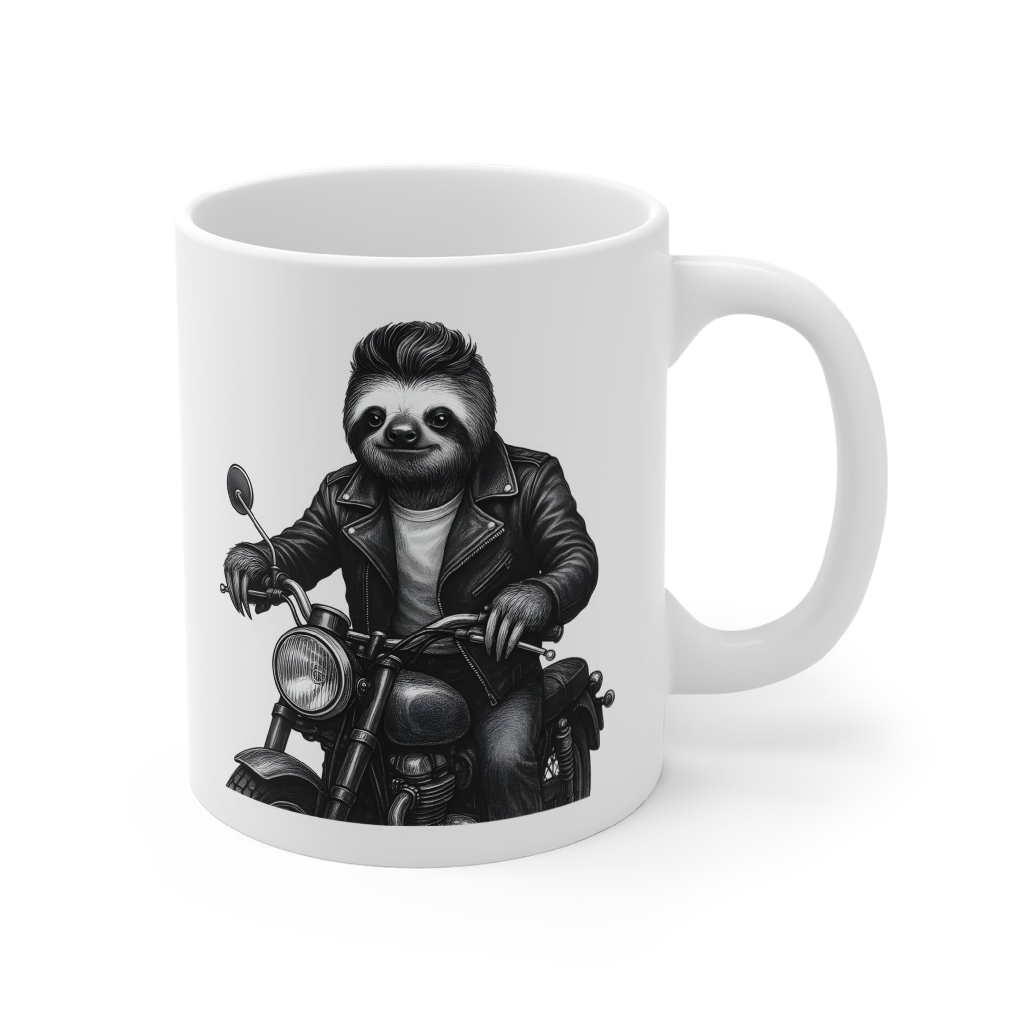 Biker Sloth Mug | Motorcycle Rider Illustration, Funny Animal Coffee Cup