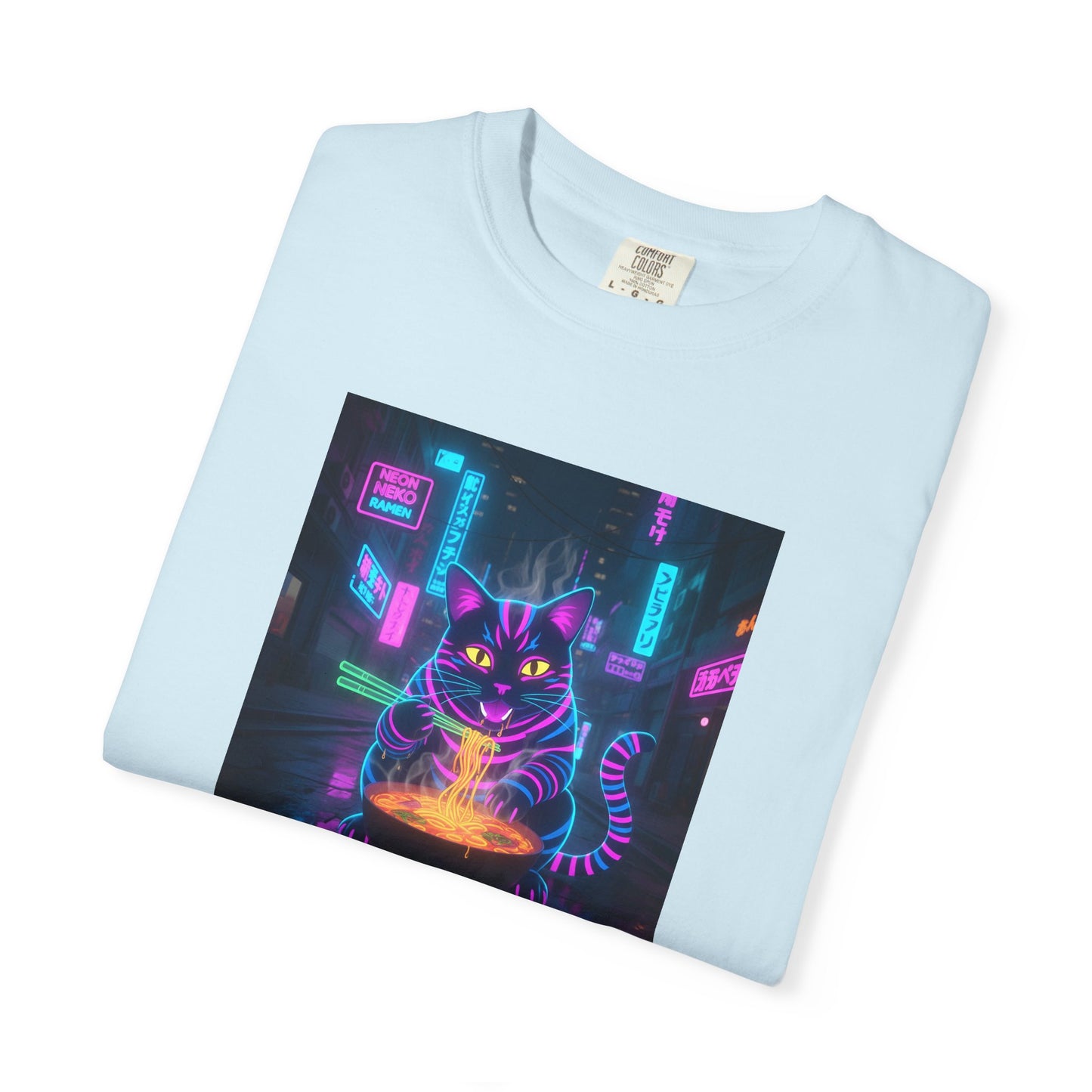 Neon Cyberpunk Cat Mystic Bowl T-shirt | Retro Futuristic Alley Art