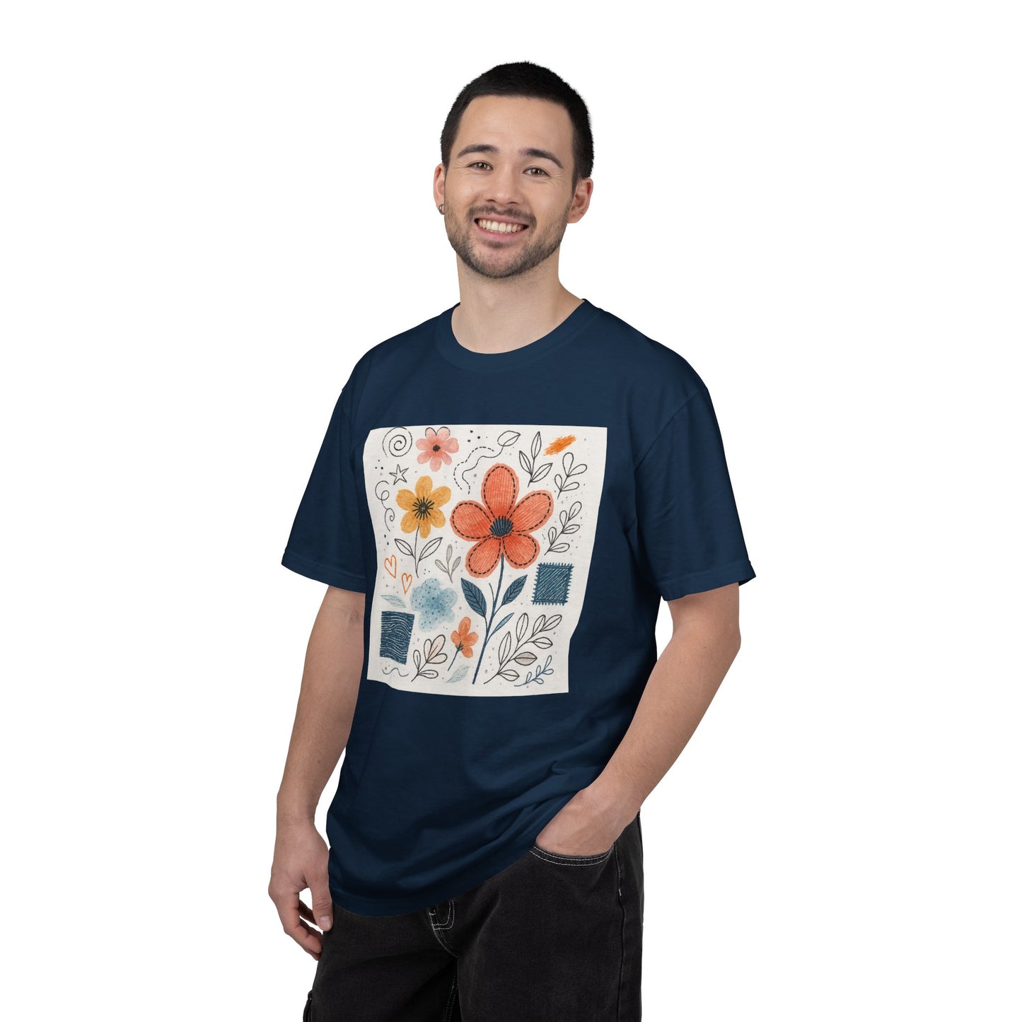 Hand-drawn Watercolor Floral Doodles T-shirt | Linocut & Embroidery Texture
