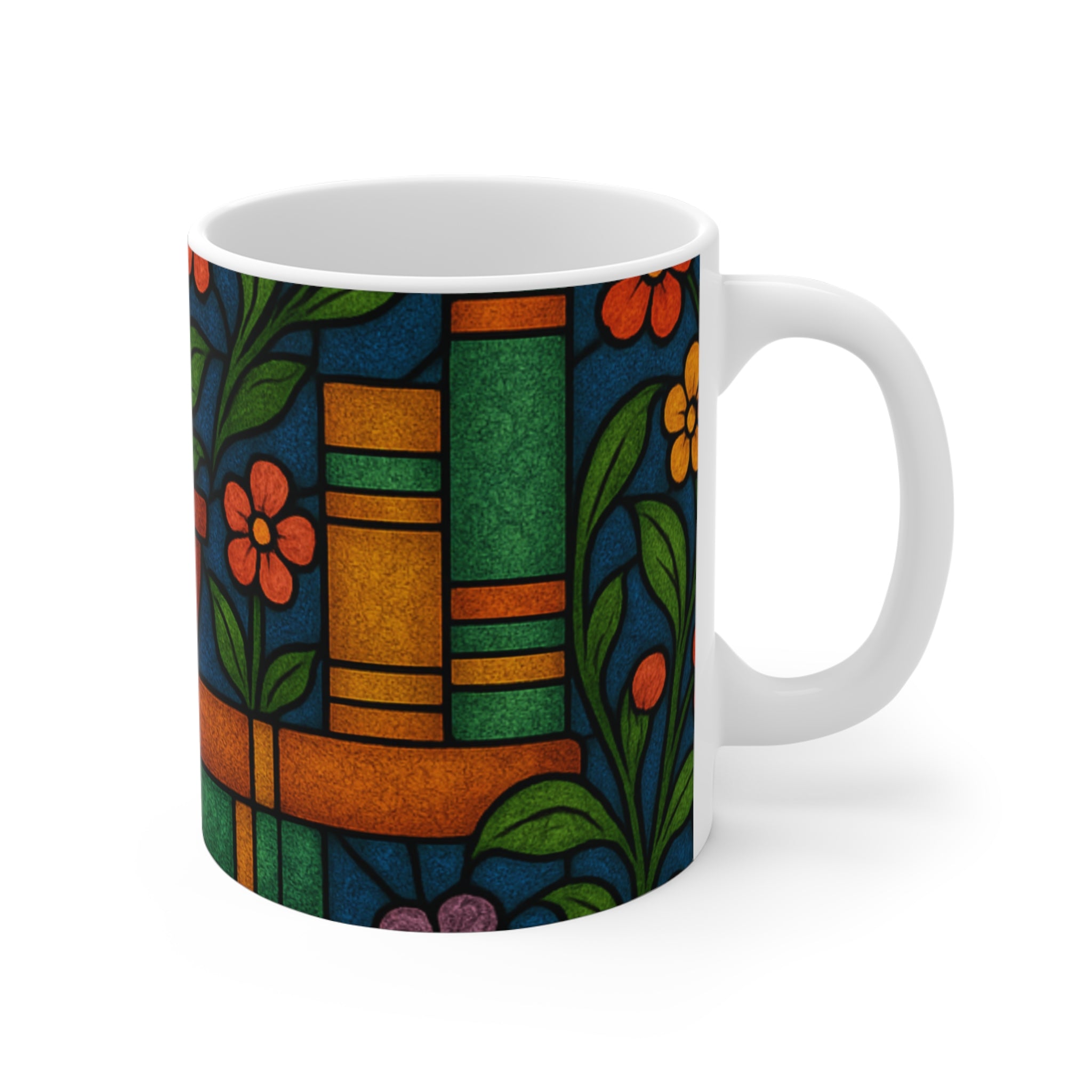 Stained Glass Floral Plant Pot Mug | Colorful Botanical Book Stack