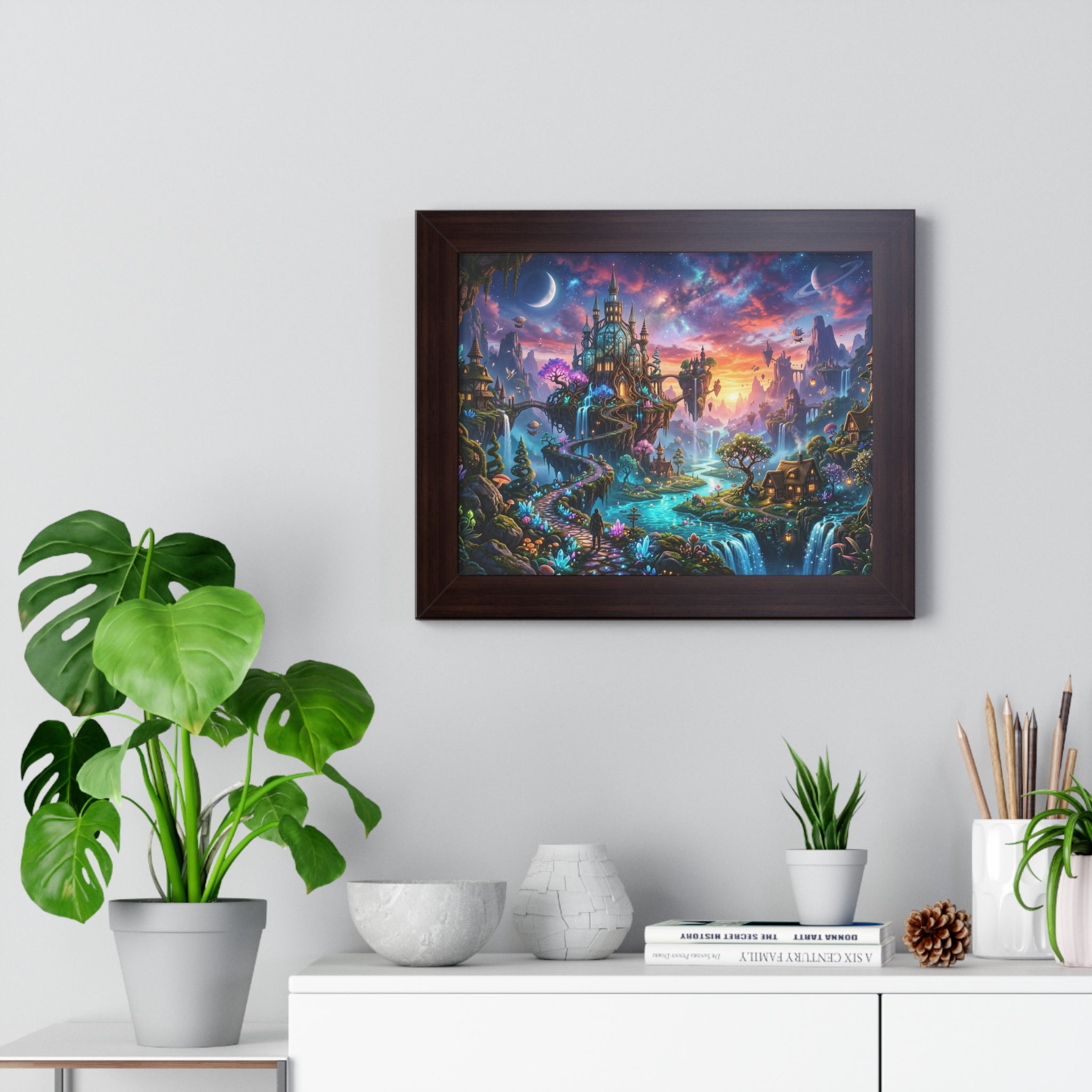 Ethereal Celestial Castle Fantasy Art Print | Dreamy Whimsical Landscape Poster | Vibrant Magical Realm Wall Decor