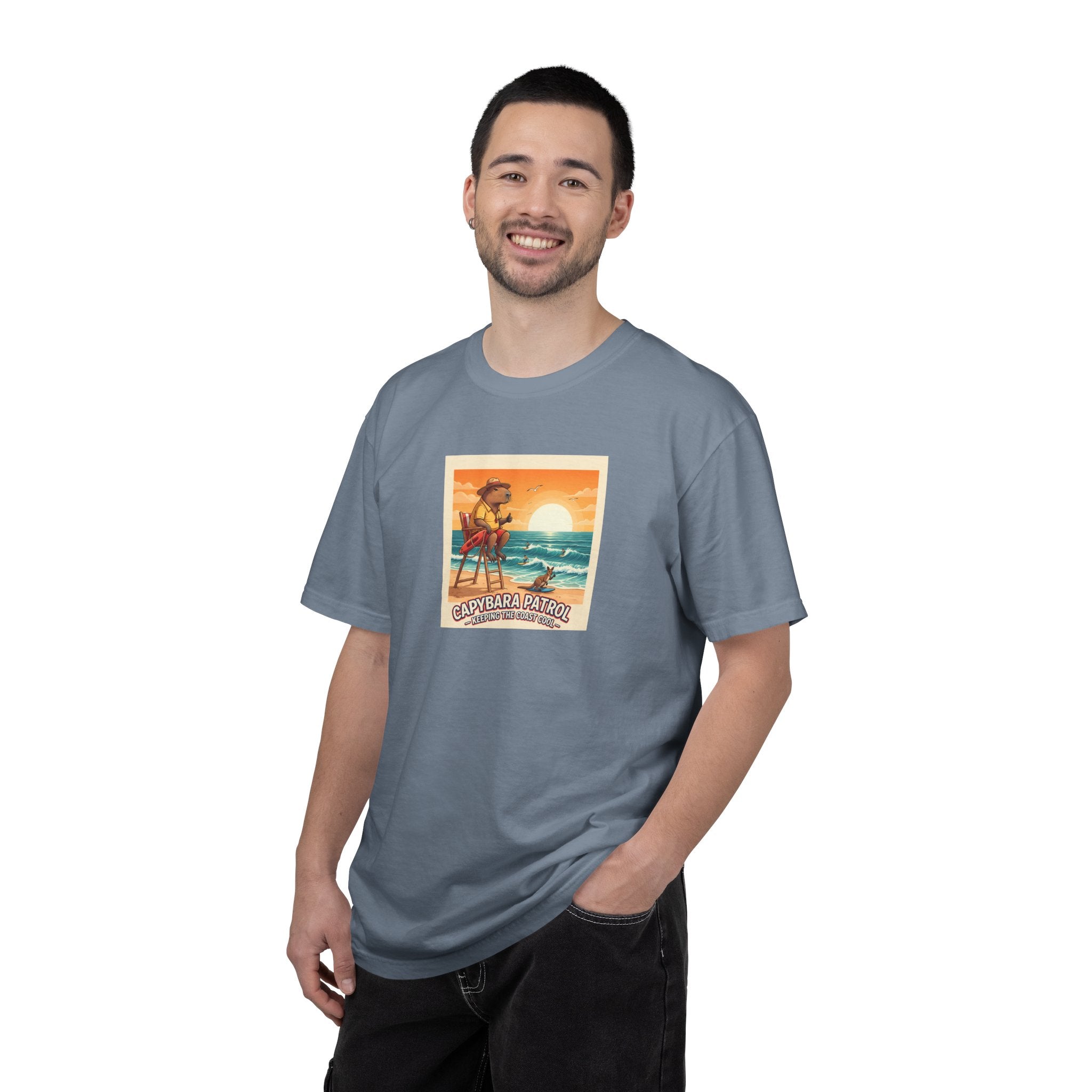 Capybara Patrol Sunset Surfing Capybara T-Shirt | Retro Beach Vibes