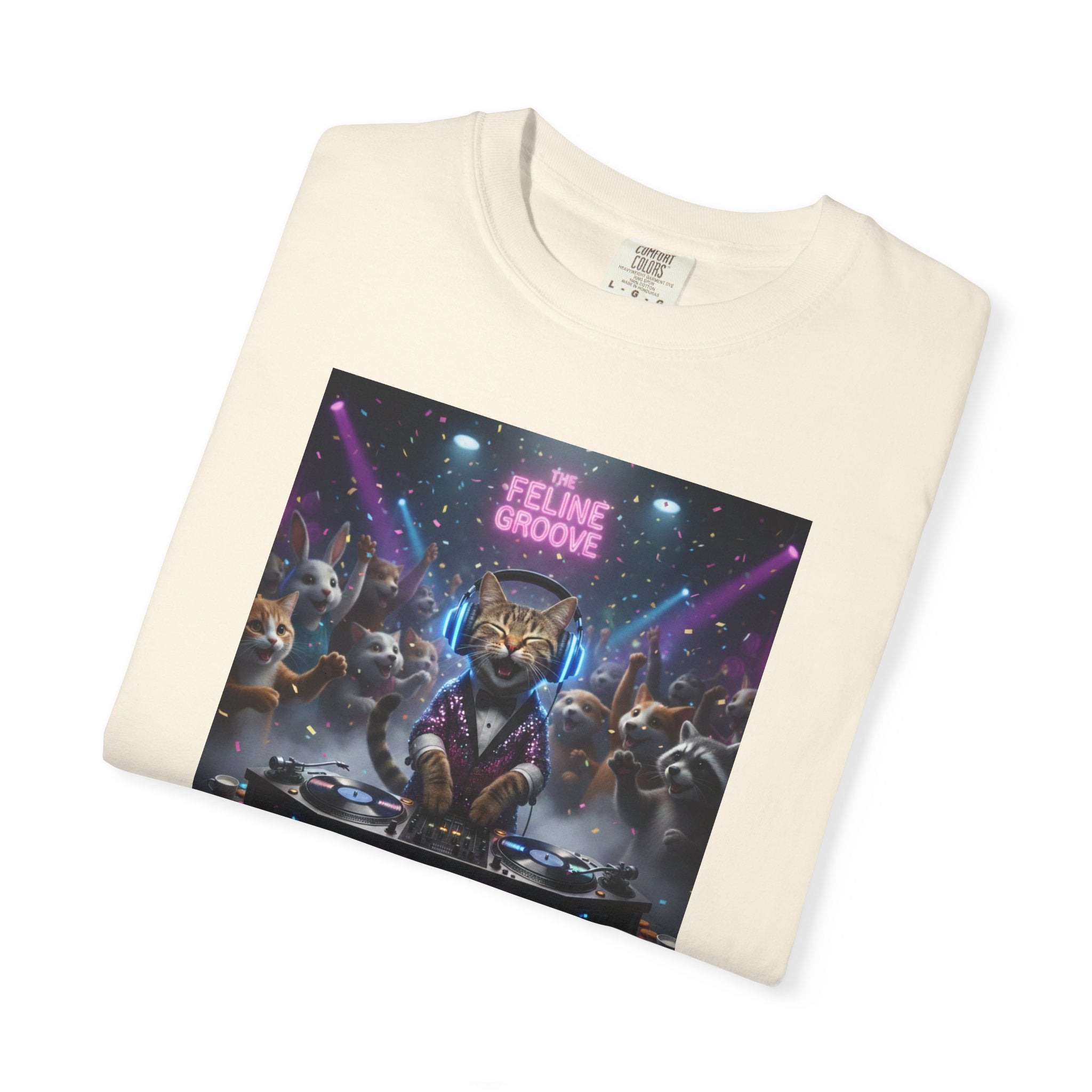 Feline Groove DJ Cat Illustration T-Shirt | Retro Neon Club Scene