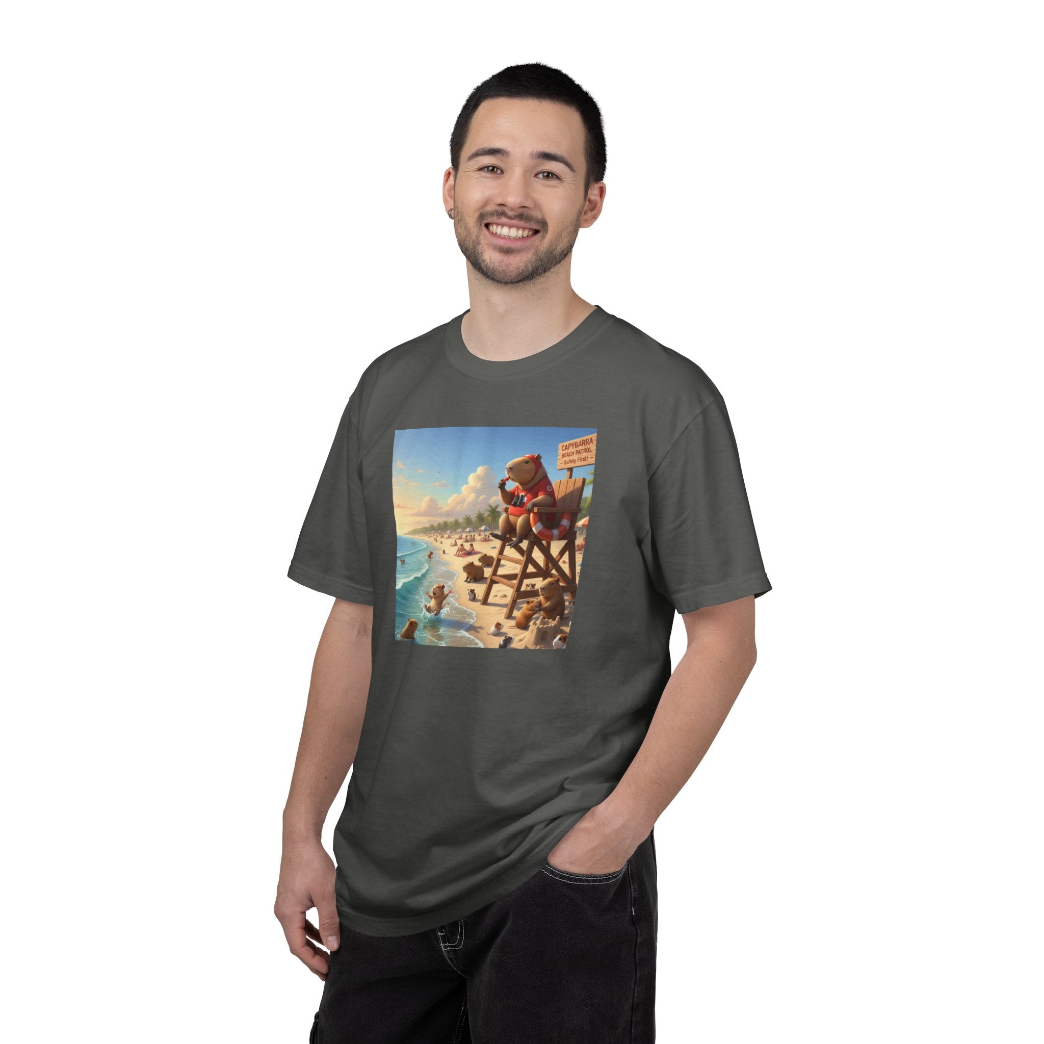 Lifeguard Capybara on Beach T-shirt | Surf Rescue Sunset Scene