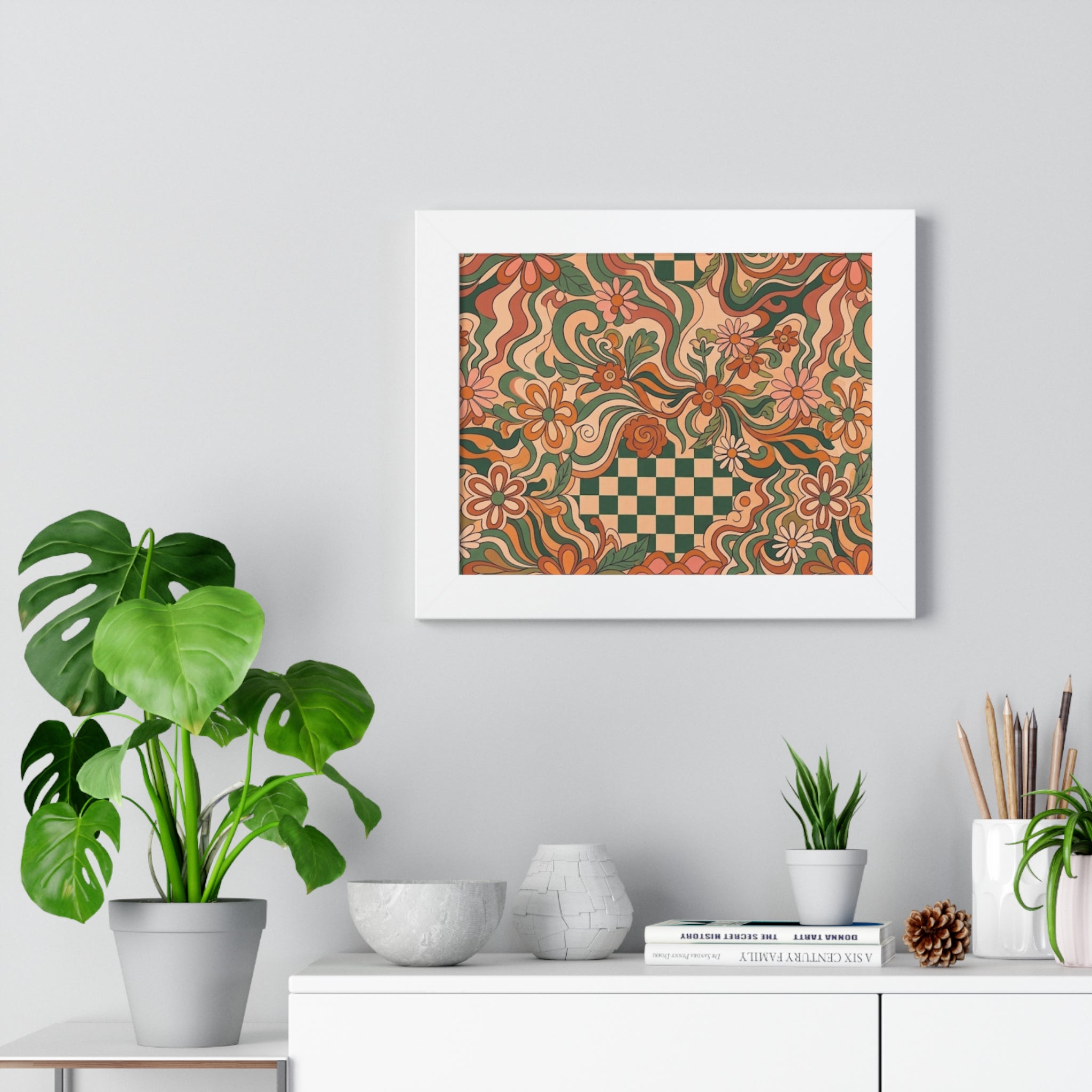 Retro Floral Checkerboard Poster