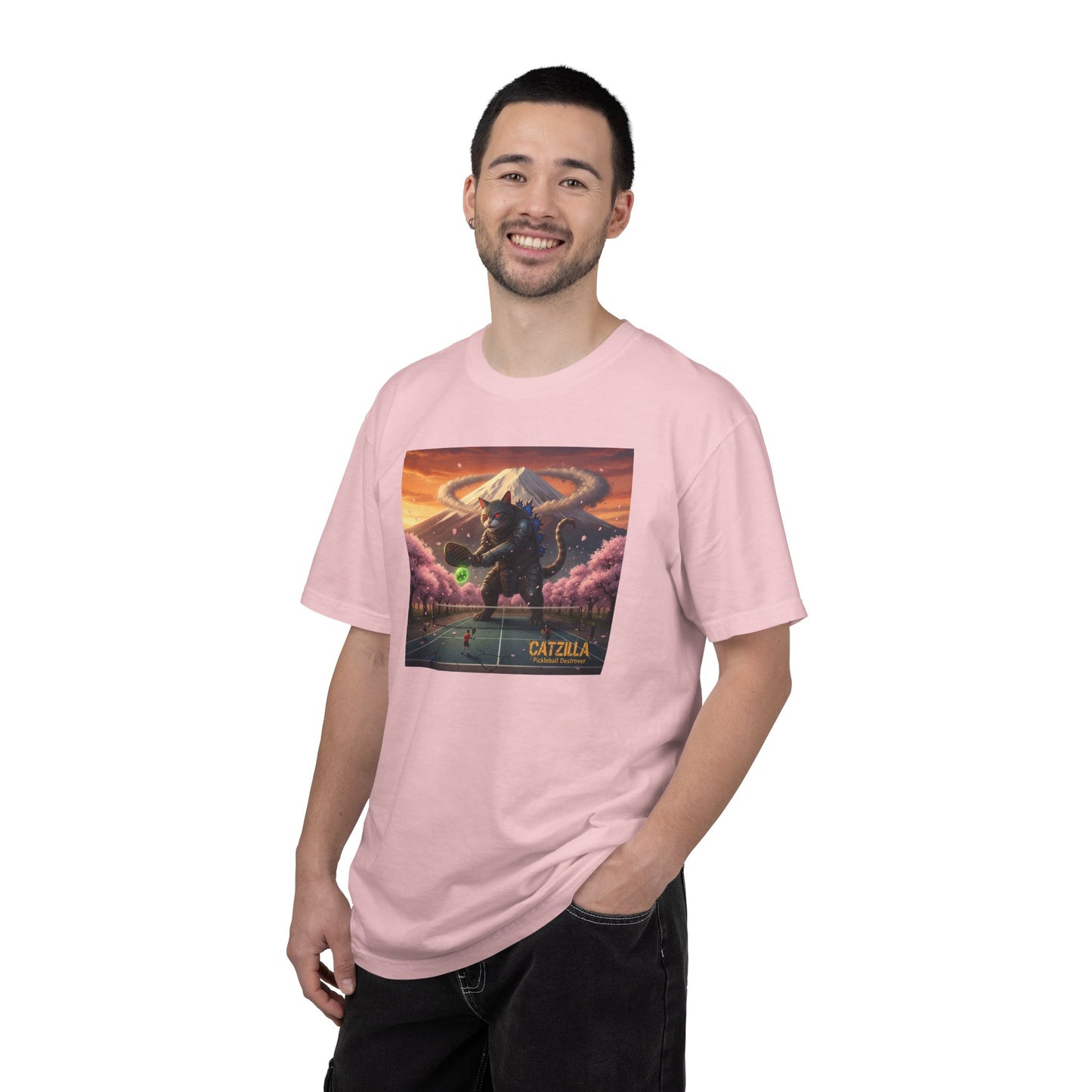 Catzilla Pickleball Destroyer T-shirt | Kaiju Cat Samurai, Mount Fuji Cherry Blossoms