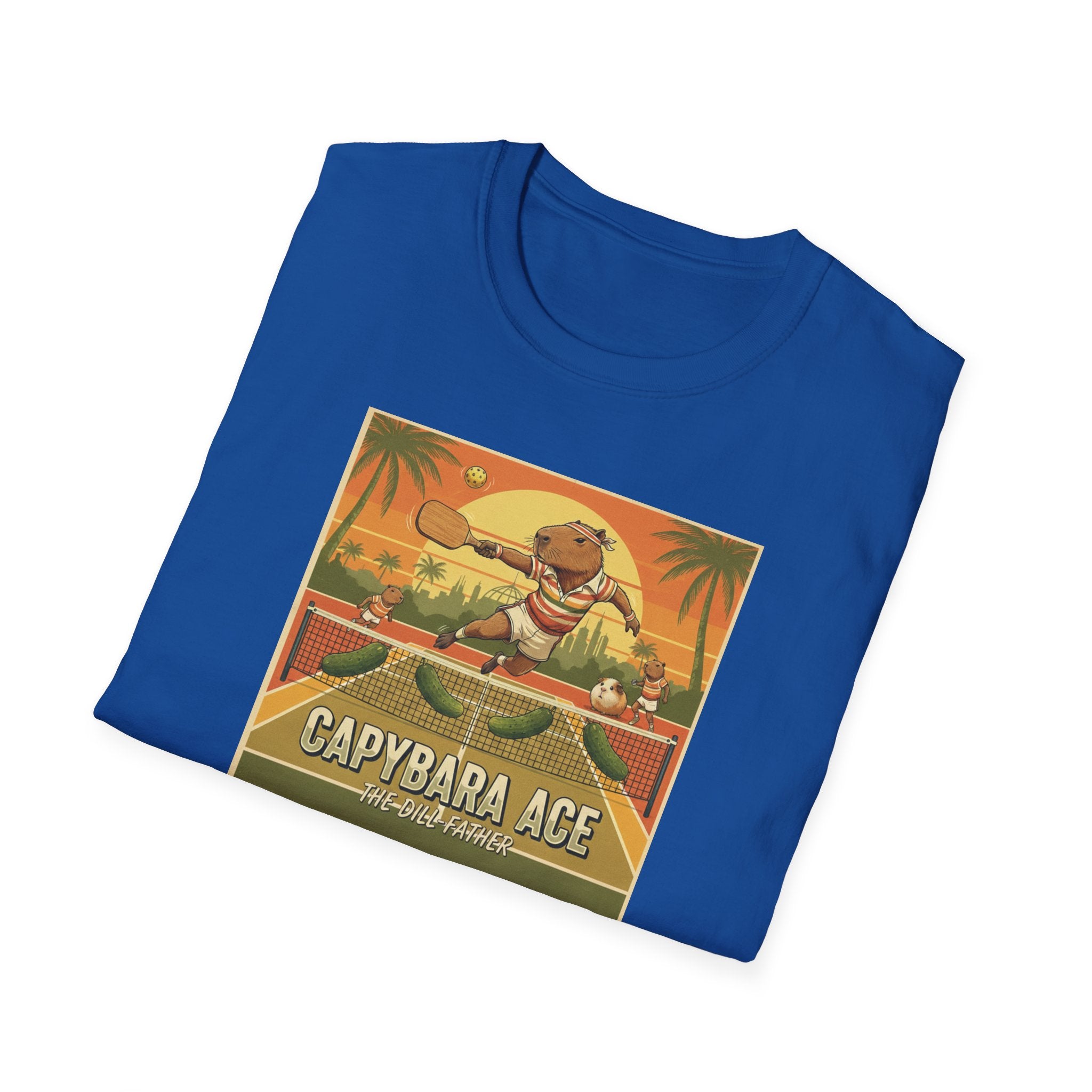 Capybara Ace Pickleball Player T-Shirt | Retro Tropical Court Design